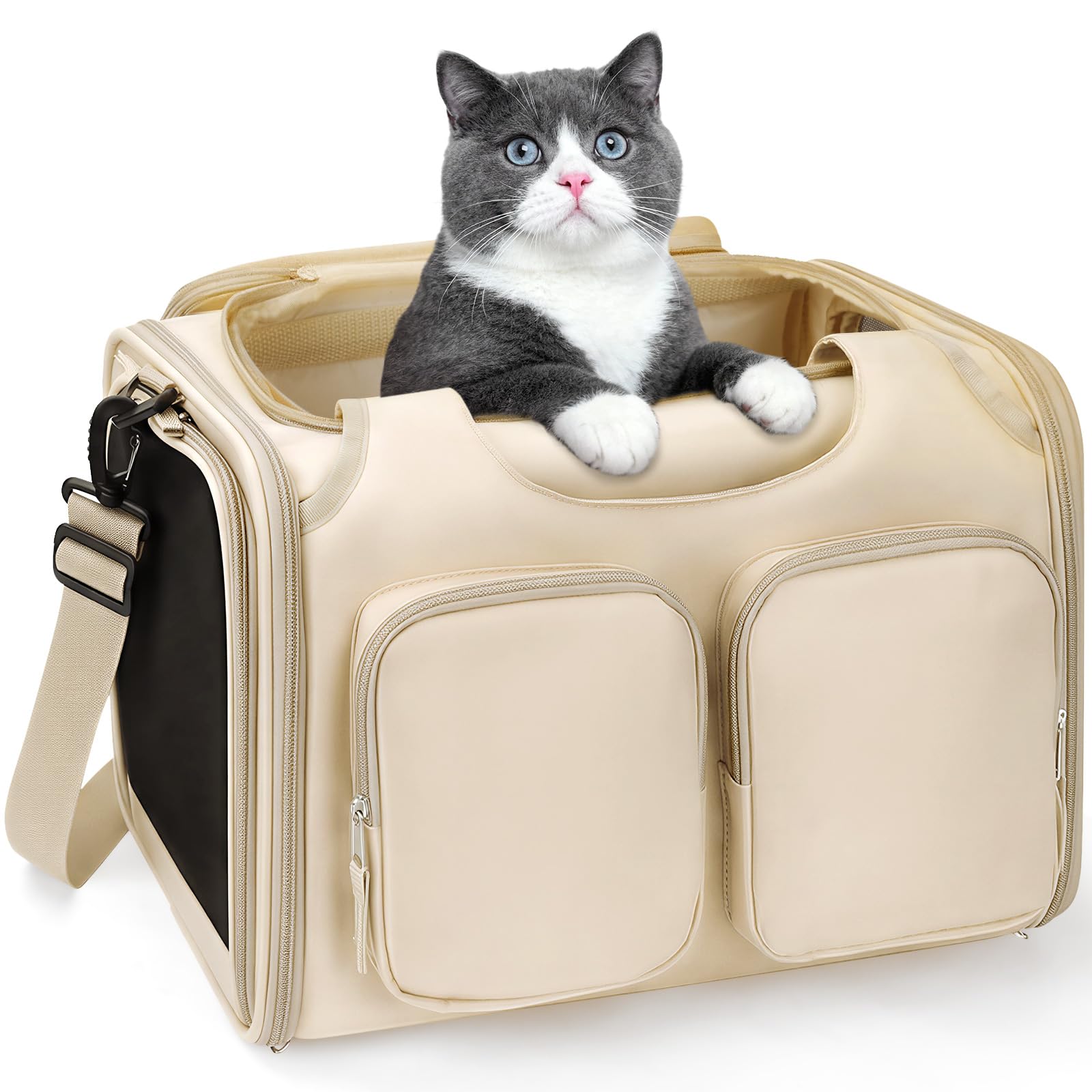 Dog, Cat Carrier for Pets Up to 15 Lbs, Airline Approved Collapsible Soft-Sided Pet Travel Bag with Locking Zippers, Breathable Mesh and 4 Large Pockets, Removable Fleece Pad (Beige)