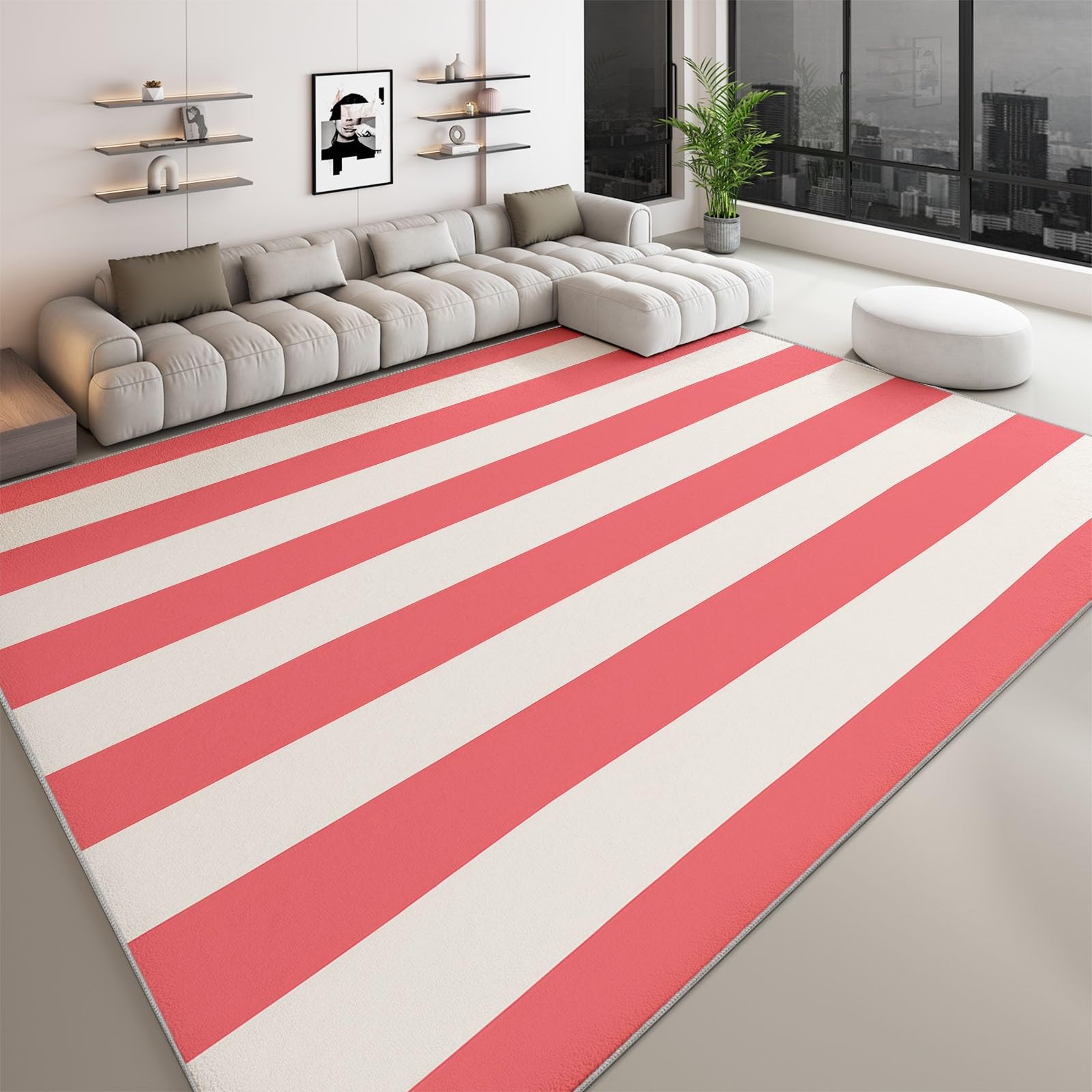 Tapis salon 140x200 cm blanc rosé à rayures color block pour chambre