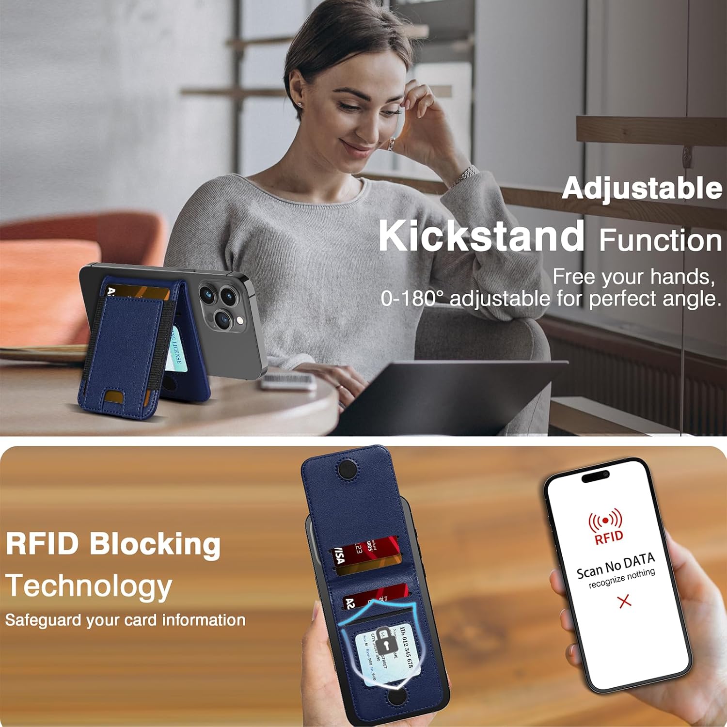 LOHASIC Designed for MagSafe Wallet, RFID Protection Magnetic Wallet 5 Card Holder with Stand, Vegan PU Leather Magnetic Phone Wallet for iPhone 16/15/14/13/12 Series, Not for iPhone 13/12 Mini - Blue - Image 3