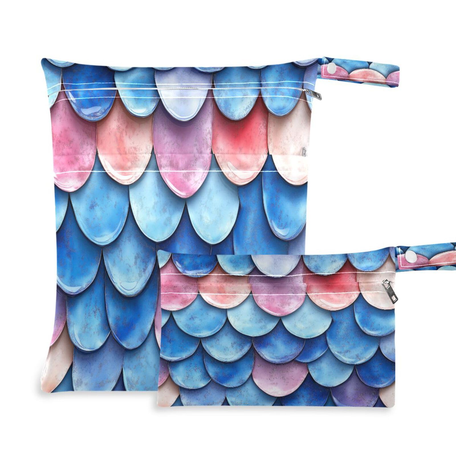 ATTX Mermaid Scales Pattern Wet Dry Bags 2-Pack - Reusable Cloth Diaper Storage for Travel, Beach & Gym | Multi-Use Waterproof Bags for Swimsuits, Baby Clothes, Sports Gear#67