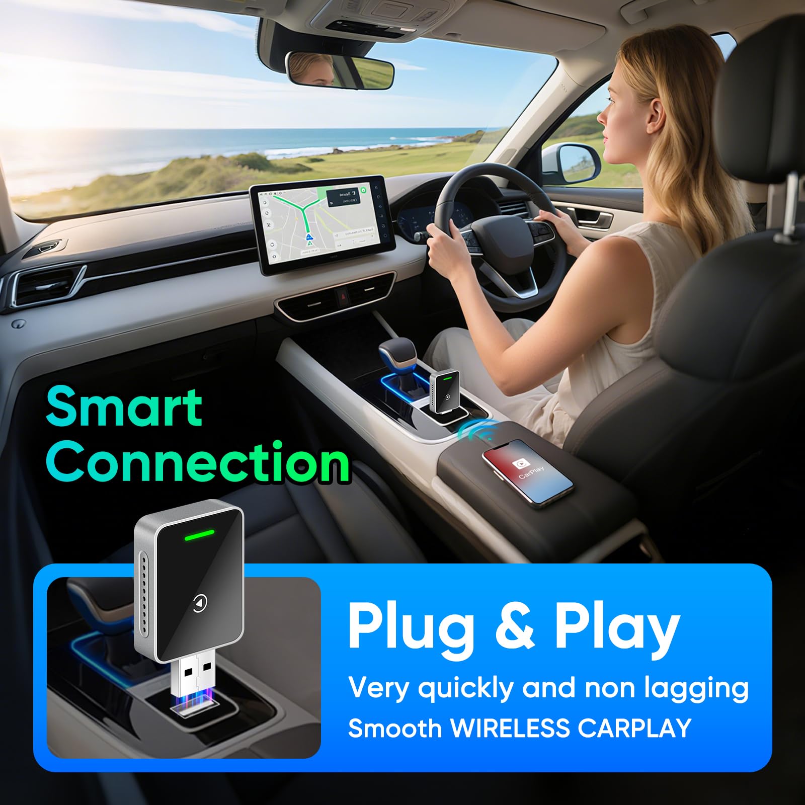 MYPIN Bezprzewodowy adapter 2 w 1 do CarPlay/Android Auto, stabilne połączenie i brak opóźnień, adapter CarPlay z przedłużaczem USB A/C, kompatybilny z iPhone/Android, czarny