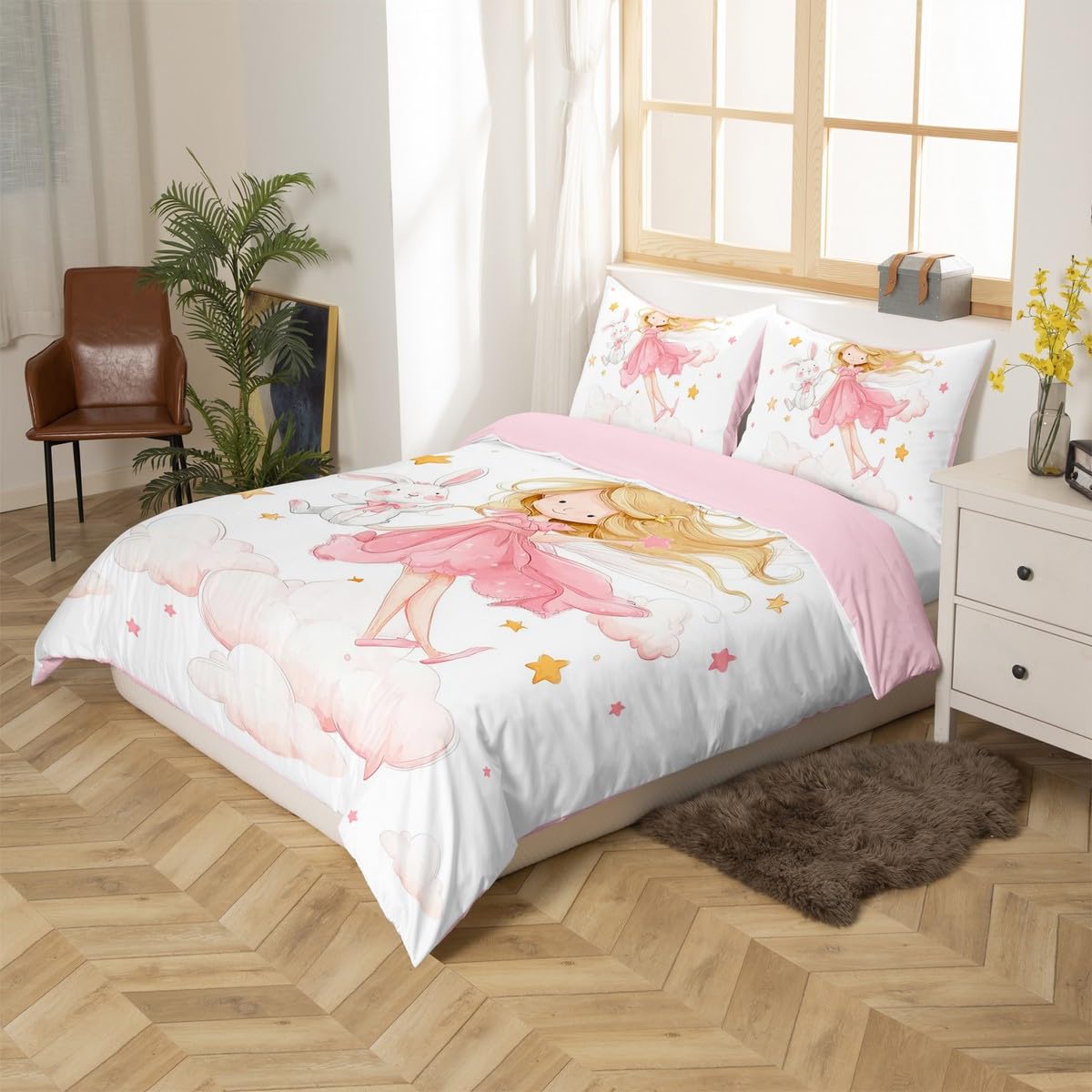Homewish Cute Pink and White Duvet Cover Set for Kids Girls Bedding Single Size Cartoon Rabbit Quilt Cover Kawaii Pink Yellow Stars Bed Sets with 1 Pillowcase - Image 2