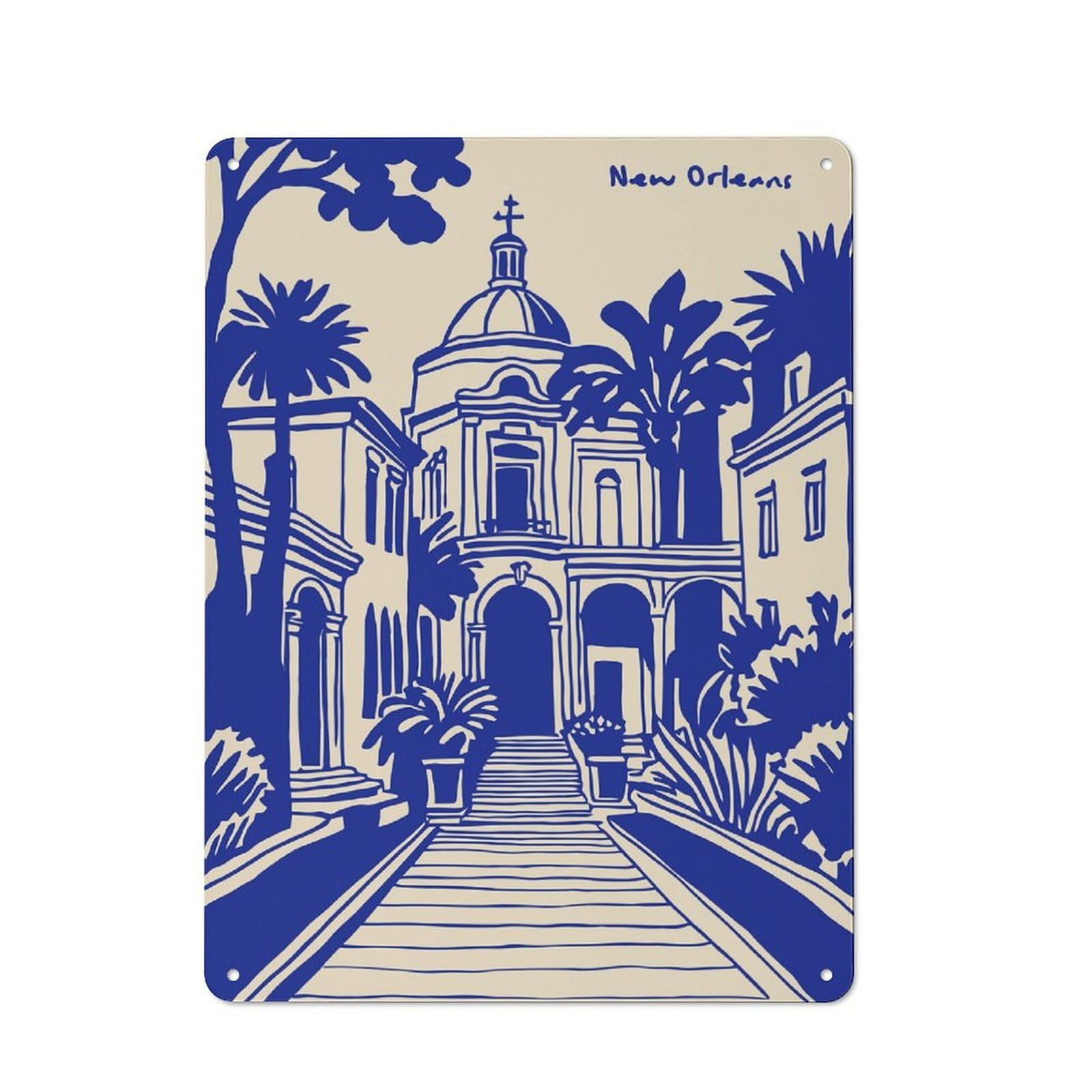 Junmoney Style-1-1 Metal Wall Sign 40X30cm Featuring New Orleans Architecture And Palm Trees For Living Room Wall, For Metal Sign Collectors, For Garage And Workshop Walls