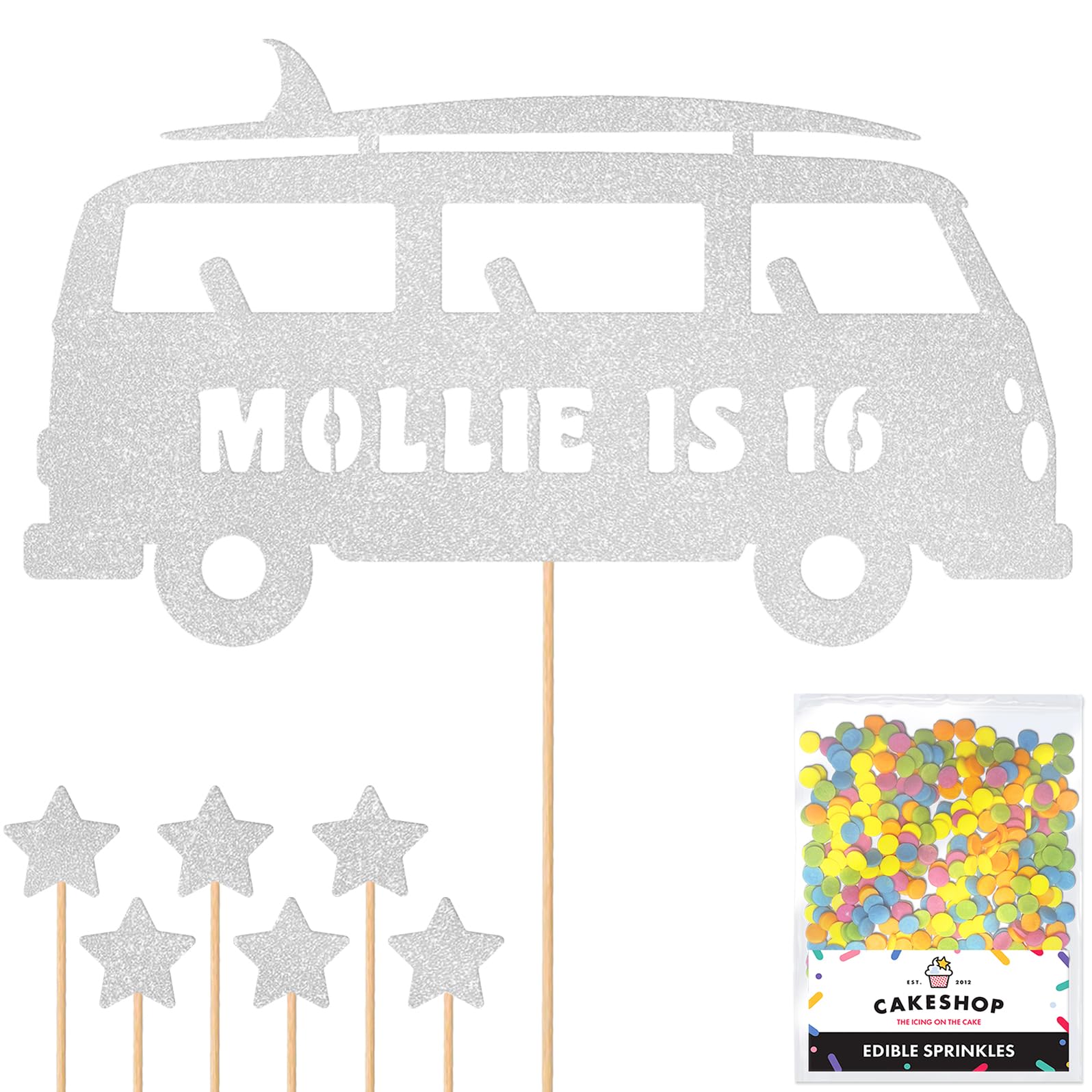 Personalised 60's Camper Surfer Surf Glitter Cake Topper Silver Any Custom Age & Name Glitter Cake Decoration and Sprinkles - Happy Birthday Decorations - Personalised Toppers for Cakes by Cakeshop