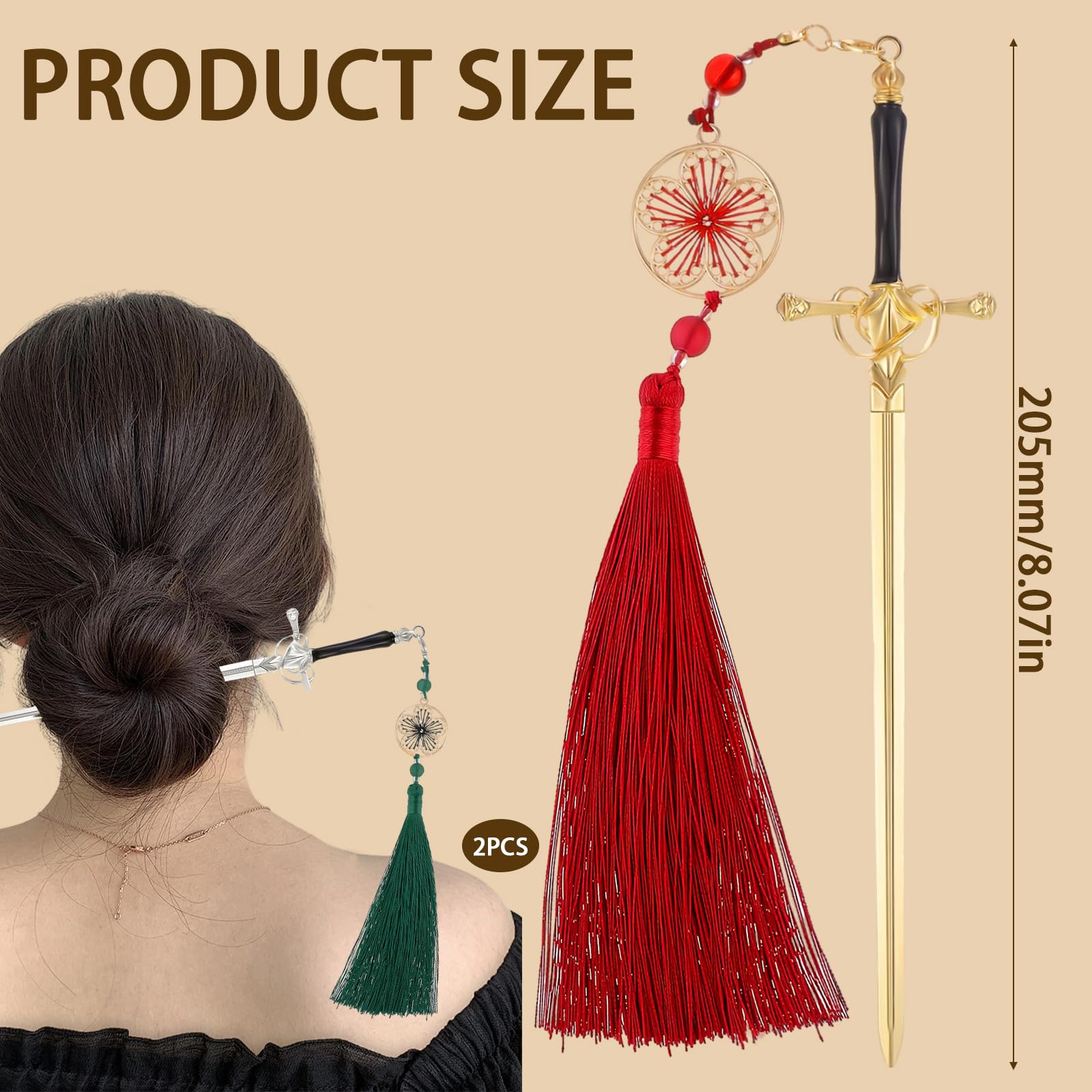 HhBdy Bookmark,2Pcs Sword Katana Bookmark Vintage Tassel Metal Pendant Personalised Book Lovers Gifts Reading Gifts for Boyfriend(Silver Green +Golden Red) - Image 2
