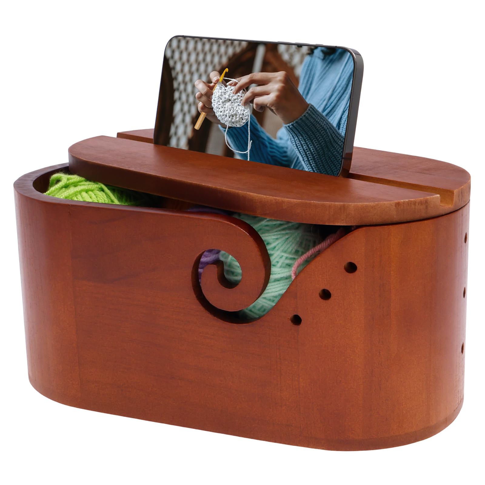 HZUIZXYO Yarn Storage Bowl,Large oval Pine Wooden Crochet Bowls for Knitting Multi Hole Crochet Yarn Bowl With Lid for Knitting Storage, Preventing Tangles(No Knitting Hook)