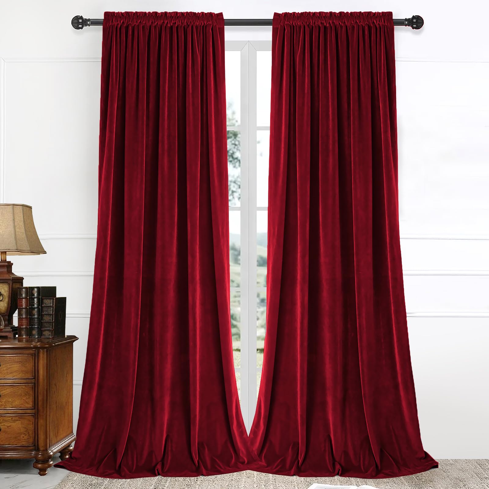 UNISTAR 100% Blackout Velvet Curtains 84 inches Long for Bedroom (420GR), Luxury Super Soft Thermal Insulated Block Light Window Velvet Curtain for Living Room, Rod Pocket Drapes, 2 Panels, Burgundy