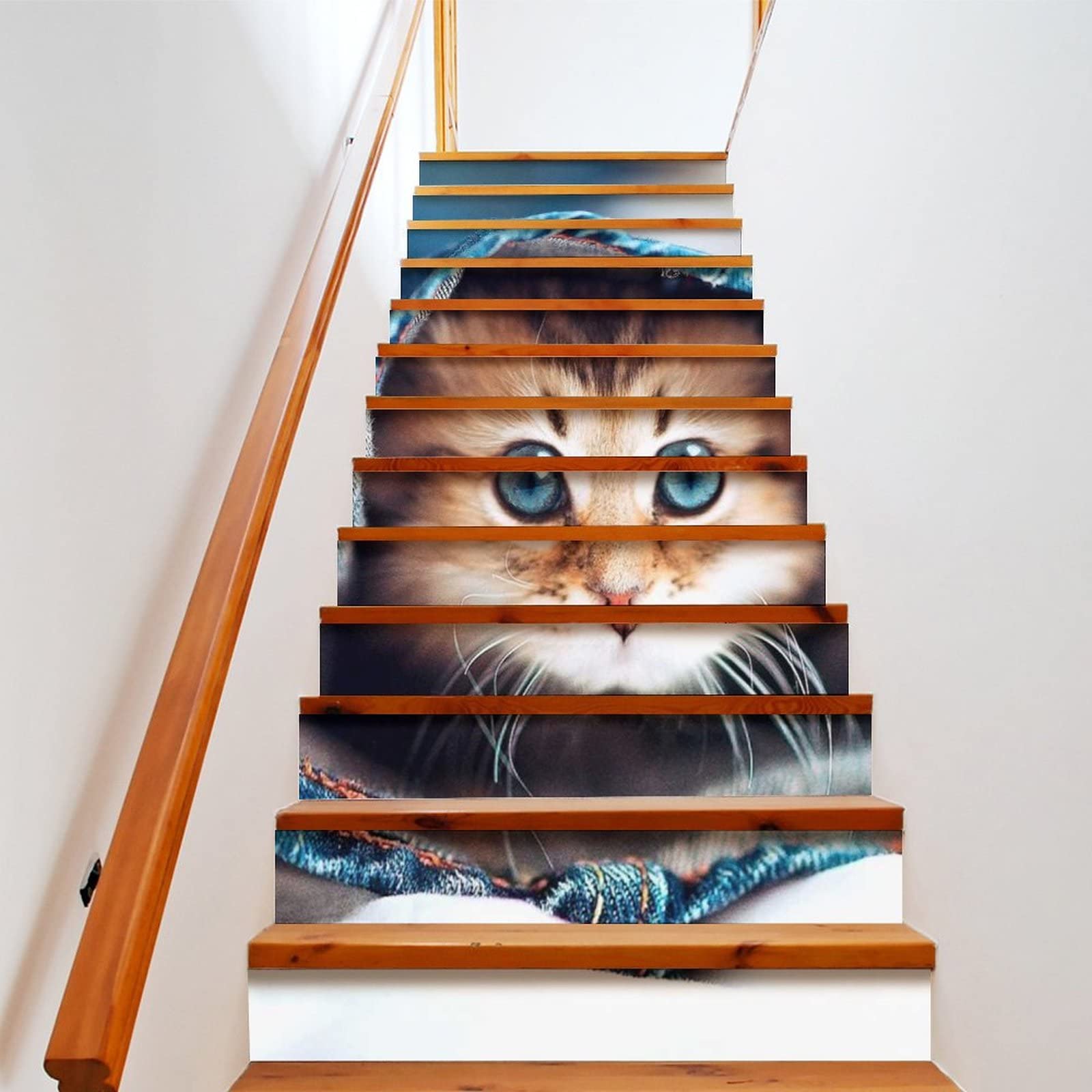 Cute Cat in Jeans Stairs Stickers Self Adhesive Staircase Stickers Stair Riser Decals Wall Stickers for Home Decor