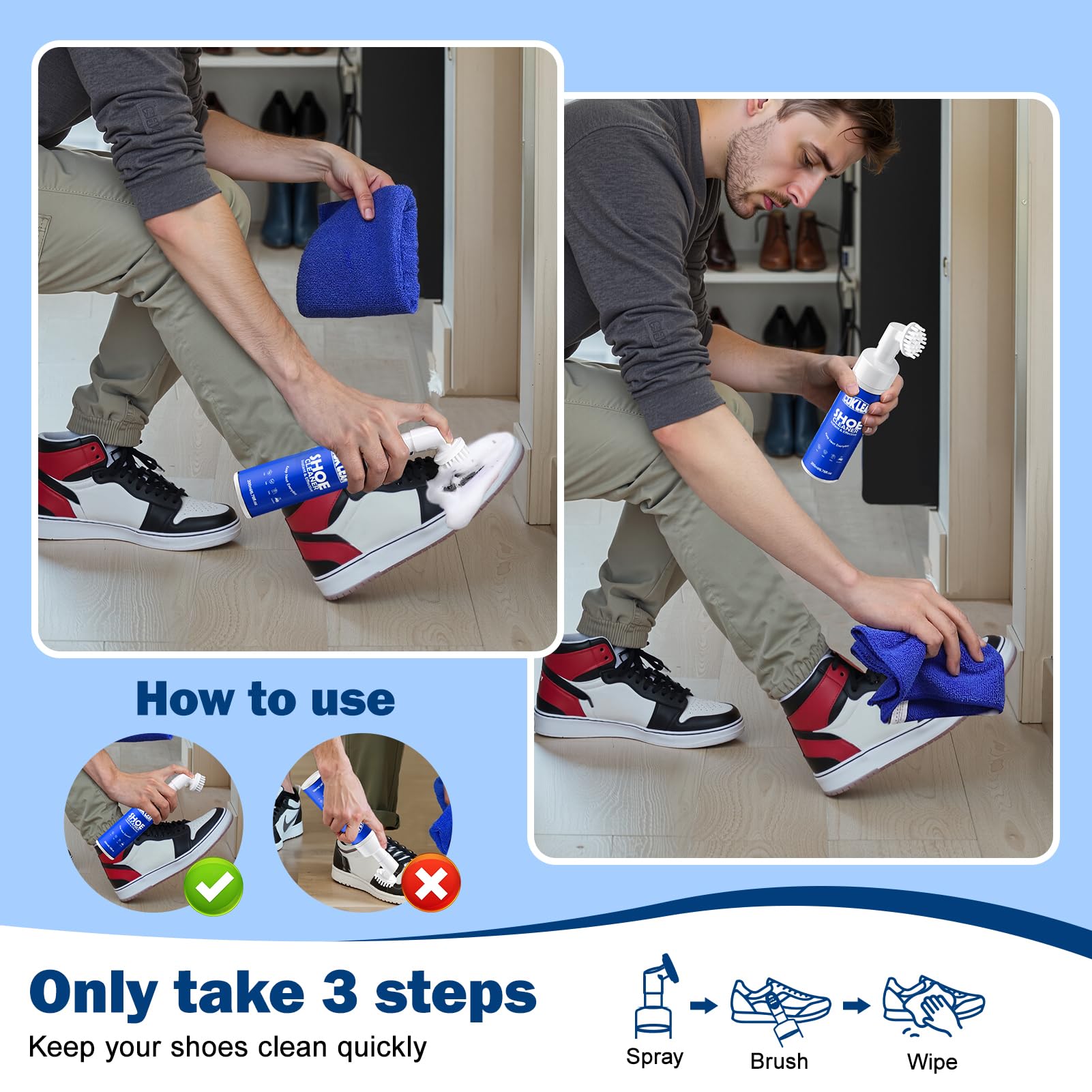 Limpiador de tenis sin agua, kit de limpiador de zapatos blanco, espuma de 6.7 onzas para zapatos de tenis, correr, golf, poliuretano, nobuck, suela