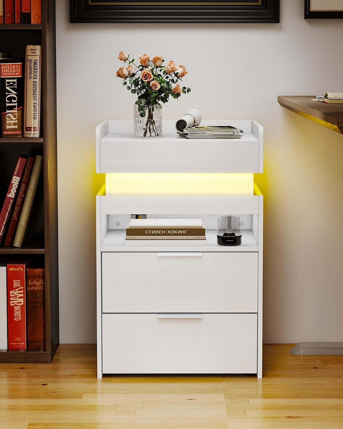 Baoz Modern Nightstand with Gun Drawer & Charging Station for Bedroom,White | LED Night Stand with Human Sensor Light, Smart Bedside Table with Sliding Top Storage