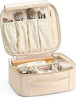 Vista 6 de Vlando Neceser de aseo grande, bolsa de maquillaje de viaje para cosméticos, múltiples compartimentos con divisores para cosméticos, brochas de Beige