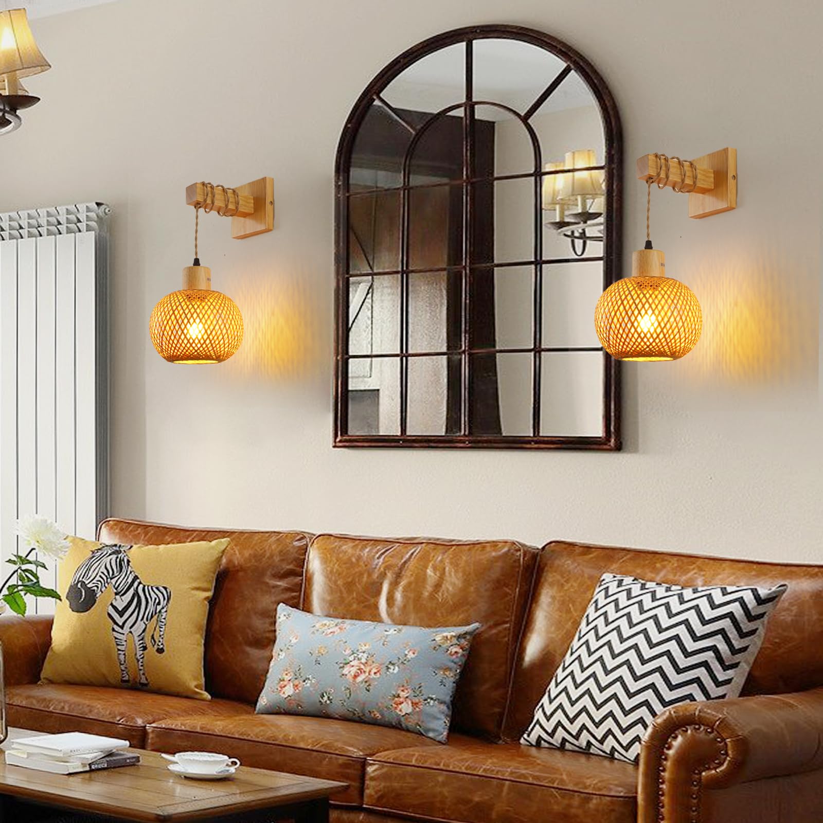 Wandleuchte Innen Boho Vintage Bambuslaterne Lampe,E27 Nylon-Seil Bambus Und Massiv Holz Wandlampe Innen Kreativ Handgewebt Boho Lampe FüR Wohnzimmer Schlafzimmer Esszimmer