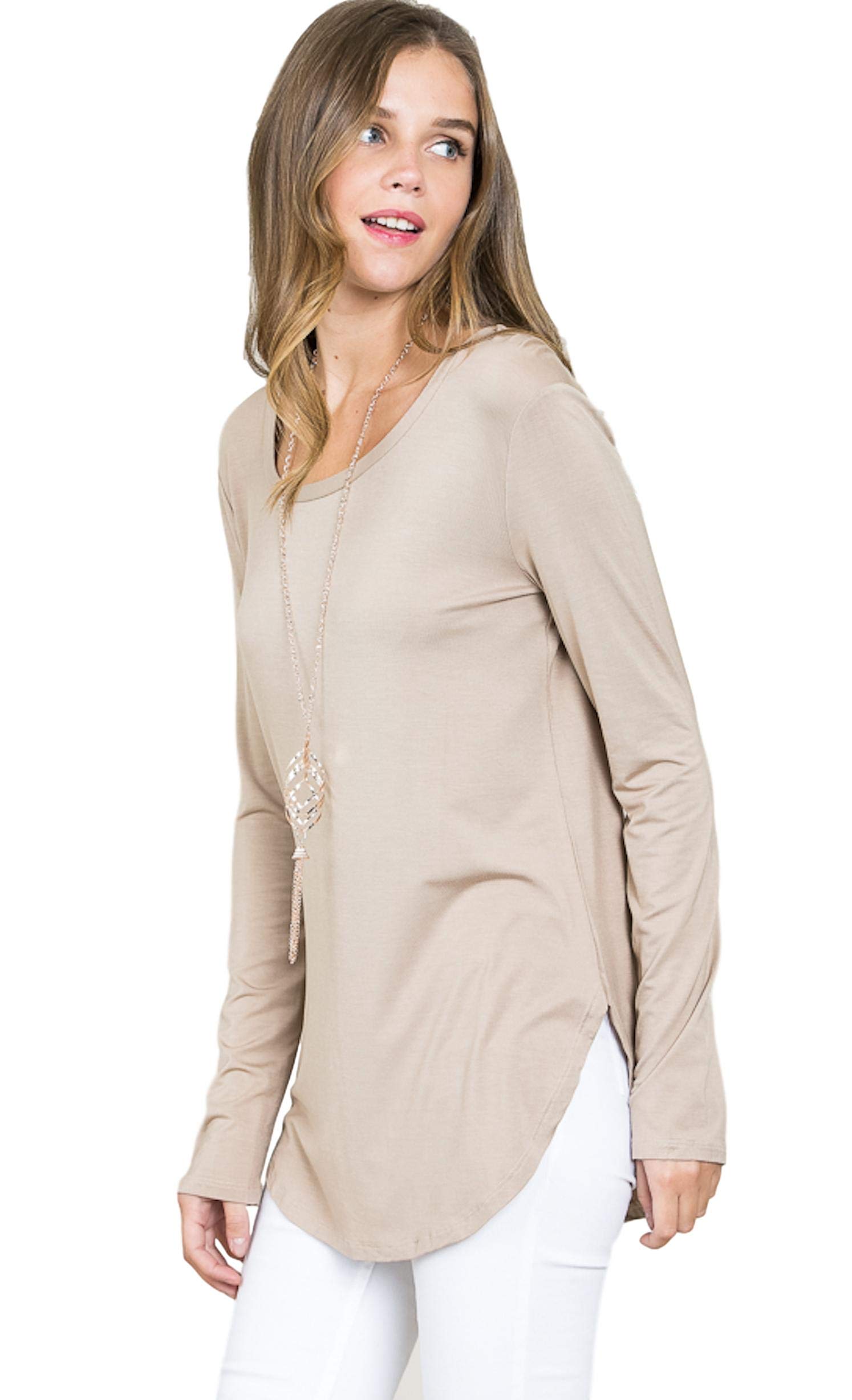 Women's Basic Long Sleeve Round-Neck Top (Large, Taupe)