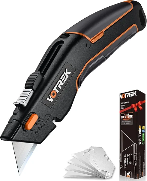 VOTREK Box Cutter Utility Knife, [2-in-1] Retractable Box Cutter, Safety Heavy Duty Sharp Razor Knife for Home & Warehouse Cardboard, Carpet, Blade Storage, with Extra Razor & Hook Blades (Orange)