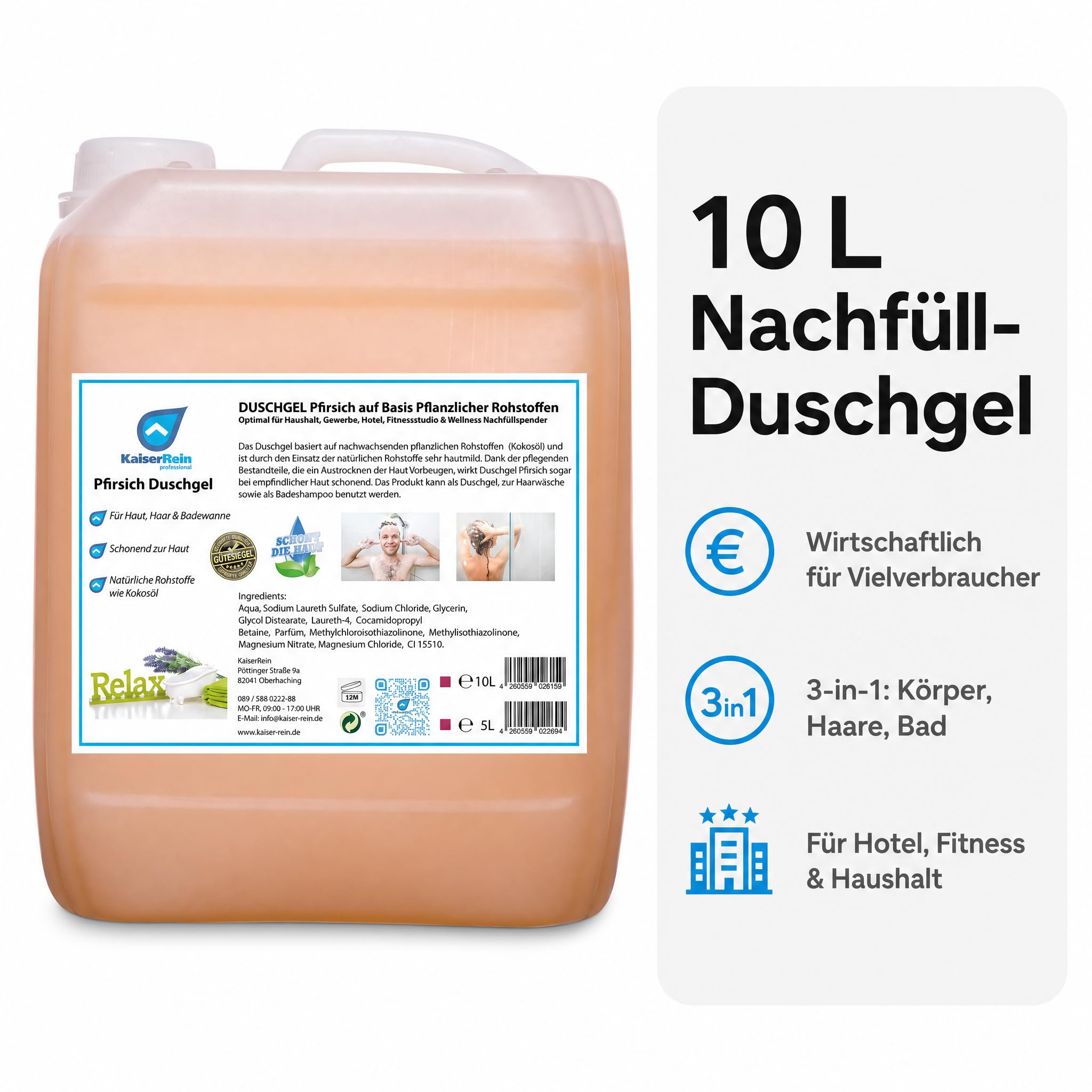 KaiserRein Duschgel Pfirsich, 10 L Kanister – 3-in-1 für Körper, Haare & Bad, Großpackung/Nachfüllpack für Duschgelspender, pH-neutral, vegan, mikroplastikfrei, paraben- & EDTA-frei