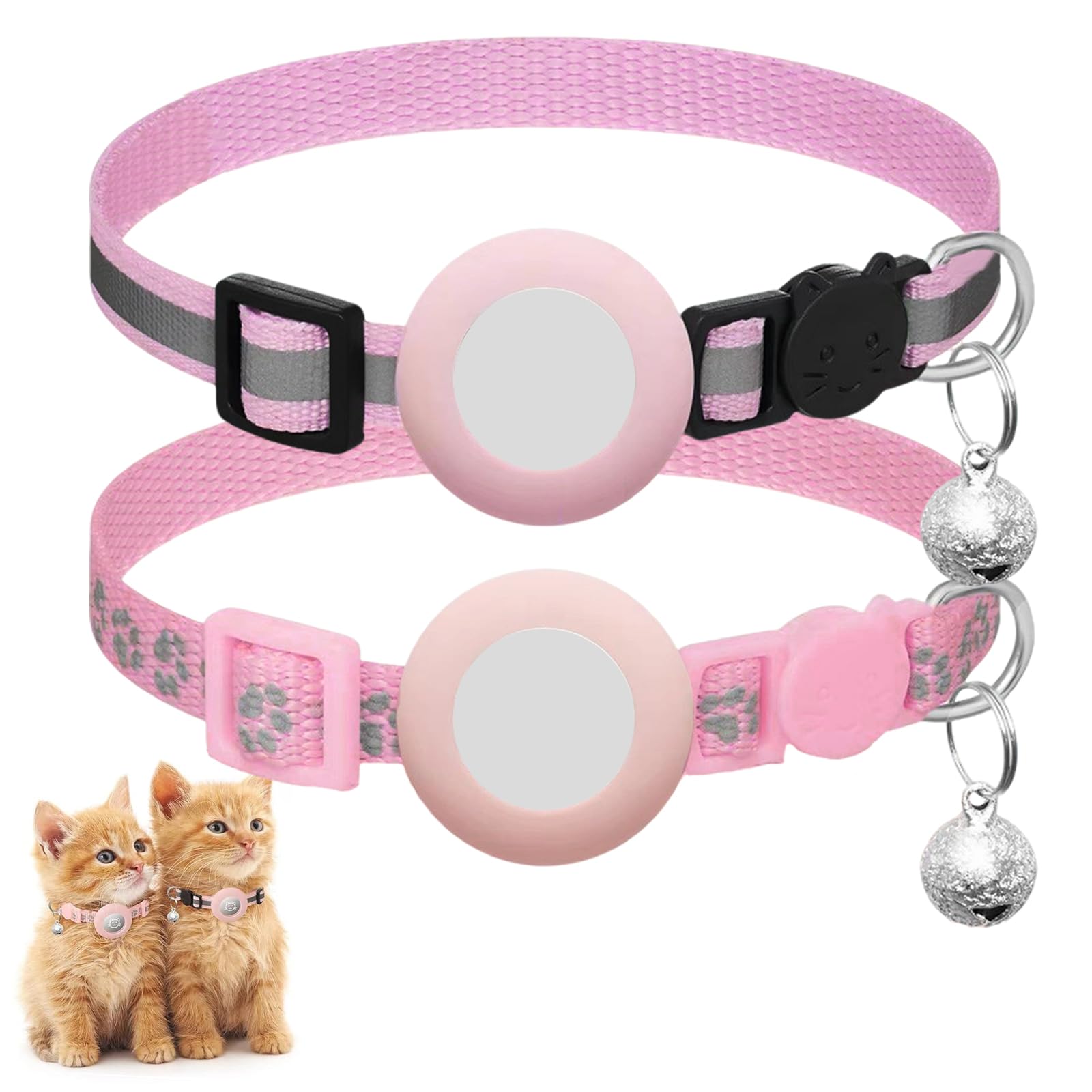 2 Pieces Cat Collar, Reflective Adjustable for Cats, Cute General Accessories for Cats, Personalized Collars, with Bell Protective Case Collar for All (Pink)