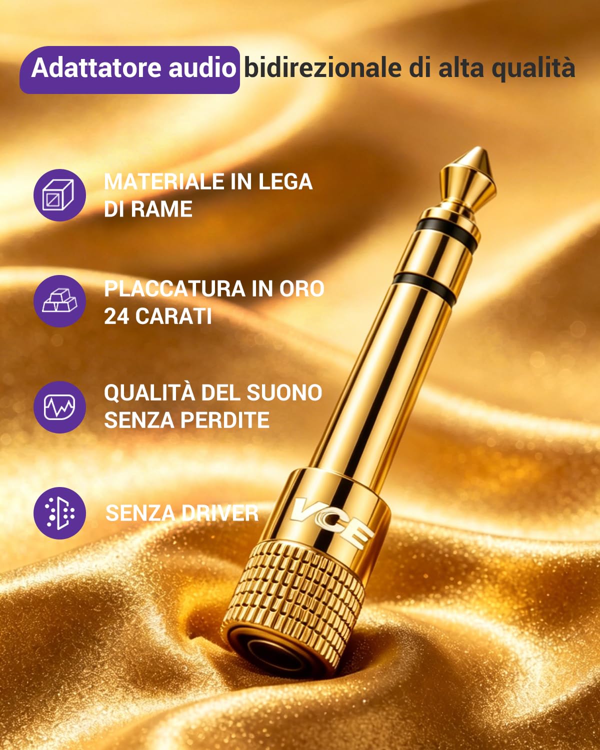 VCE Adattatore Jack 6.3 3.5 Placcato in Oro, da Piccolo a Grande Stereo AUX per Chitarra Elettrica, Amplificatore, Mixer, 2 Pezzi