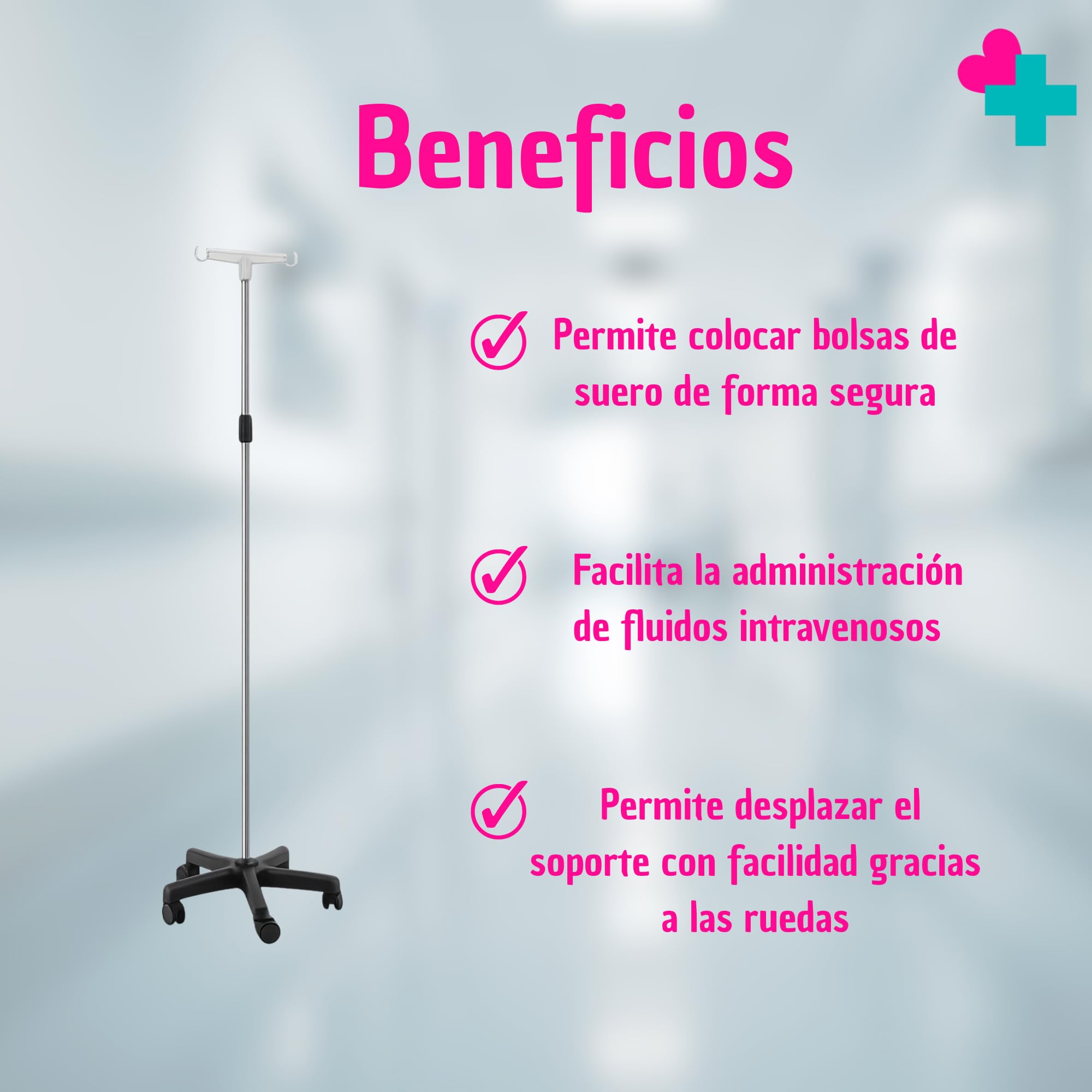 Soporte Porta Sueros con Ruedas y Altura Regulable 135-240 cm | Porta Gotero de Aluminio Anodizado con 2 Ganchos | Pie de Suero Médico para Hospital, Clínica, Residencia y Hogar
