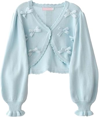 Lolita Cropped Cardigan Cute Bow Loose Knit Button Up Sweaters Women Teen Vintage Kawaii Open Front Crochet Shrug