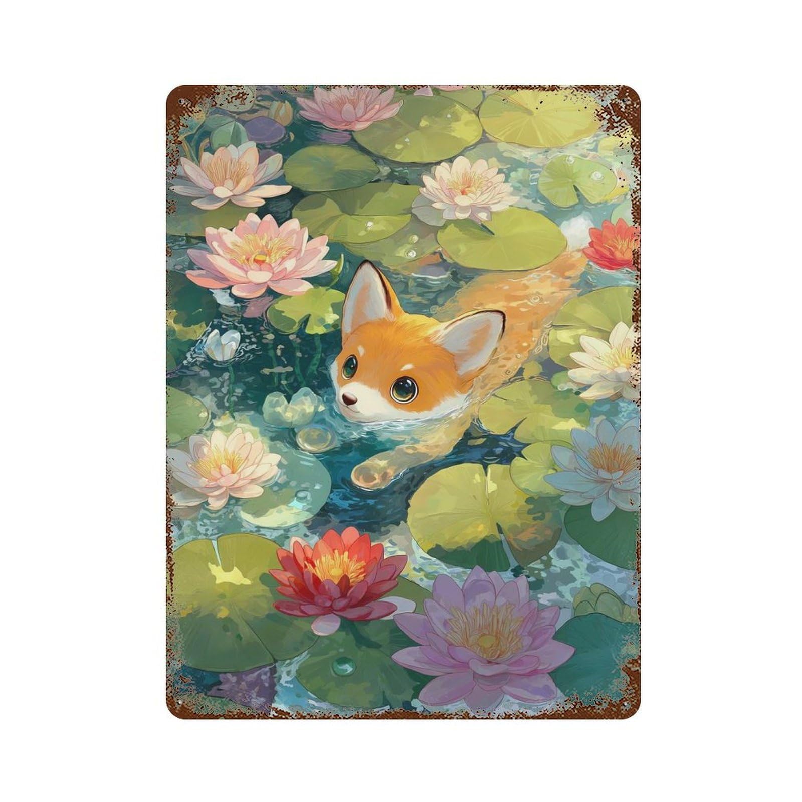 Fox Cub Swimming in A Lily Pond 15.7"x11.8" Retro Metal Sign, Industrial Home Decor for Basement, Hobby Room And Garage Decor