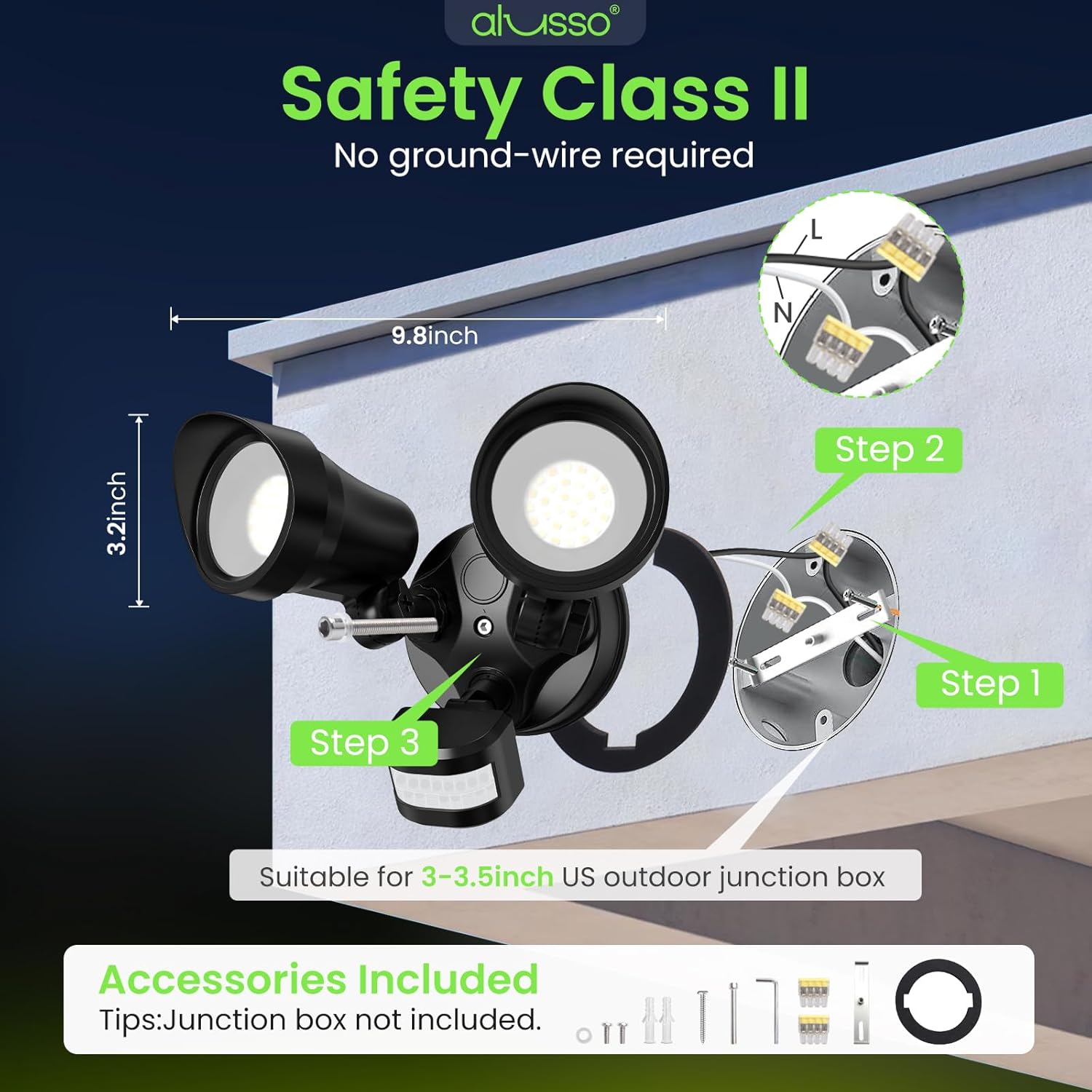 Diagram showing the ALUSSO flood light components and included accessories for installation.