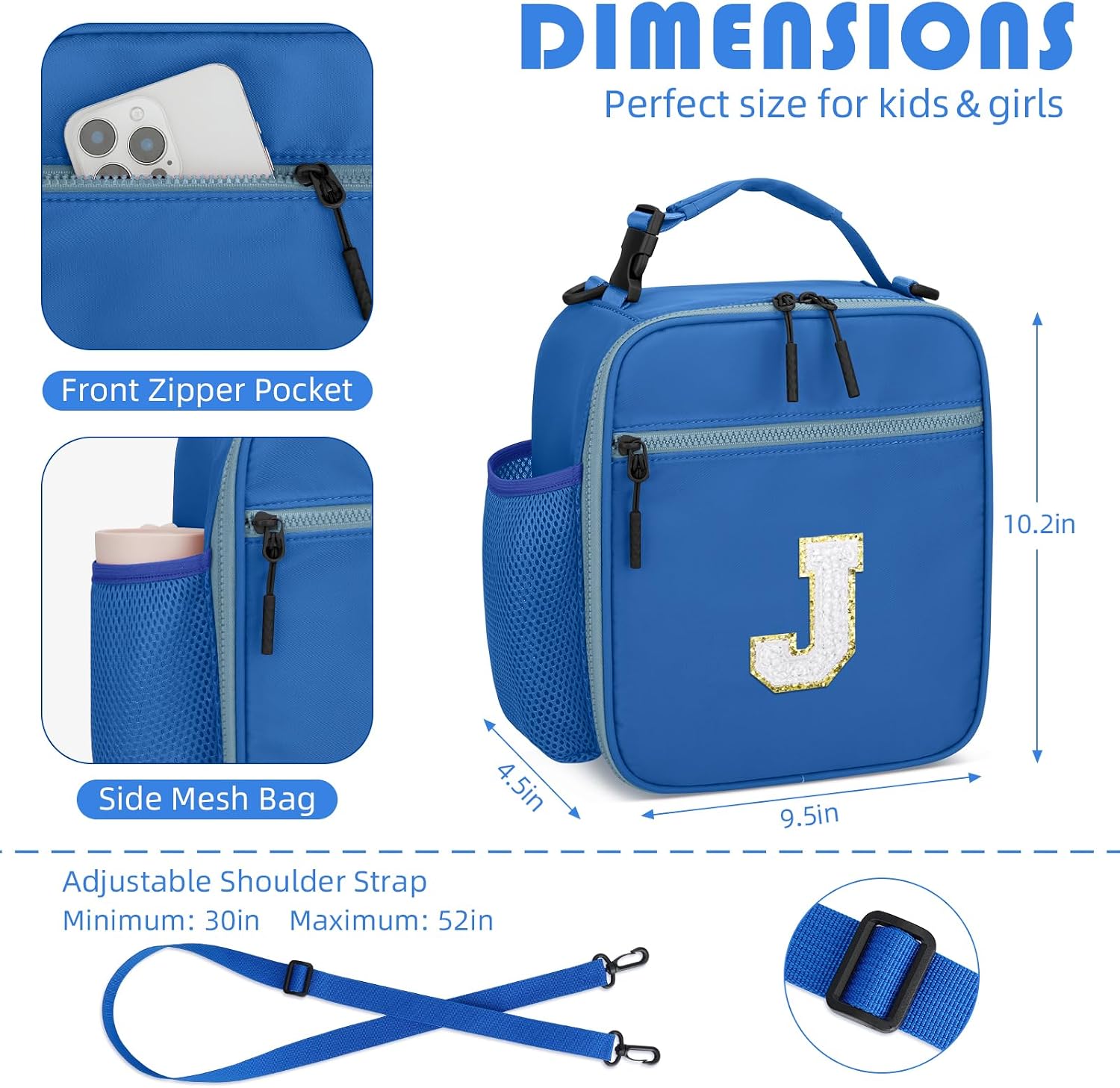 Initial Insulated Lunch Bag for Boys Kids, Back to School Gift, Reusable Leak-proof Lunch Box with Adjustable Strap for School Daycare Travel Picnic（Blue，J）