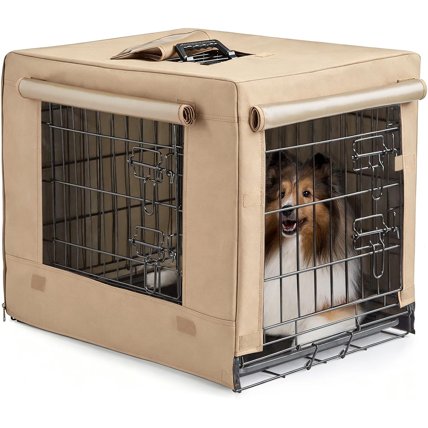 DONORO Dog Crates for Small Size Dogs Indoor Double Door Dog Kennels & Houses for Puppy and Cats, Collapsible Metal Contour Dog Cages (Tan, 36.0" L x 23.0" W x 25.0" H)