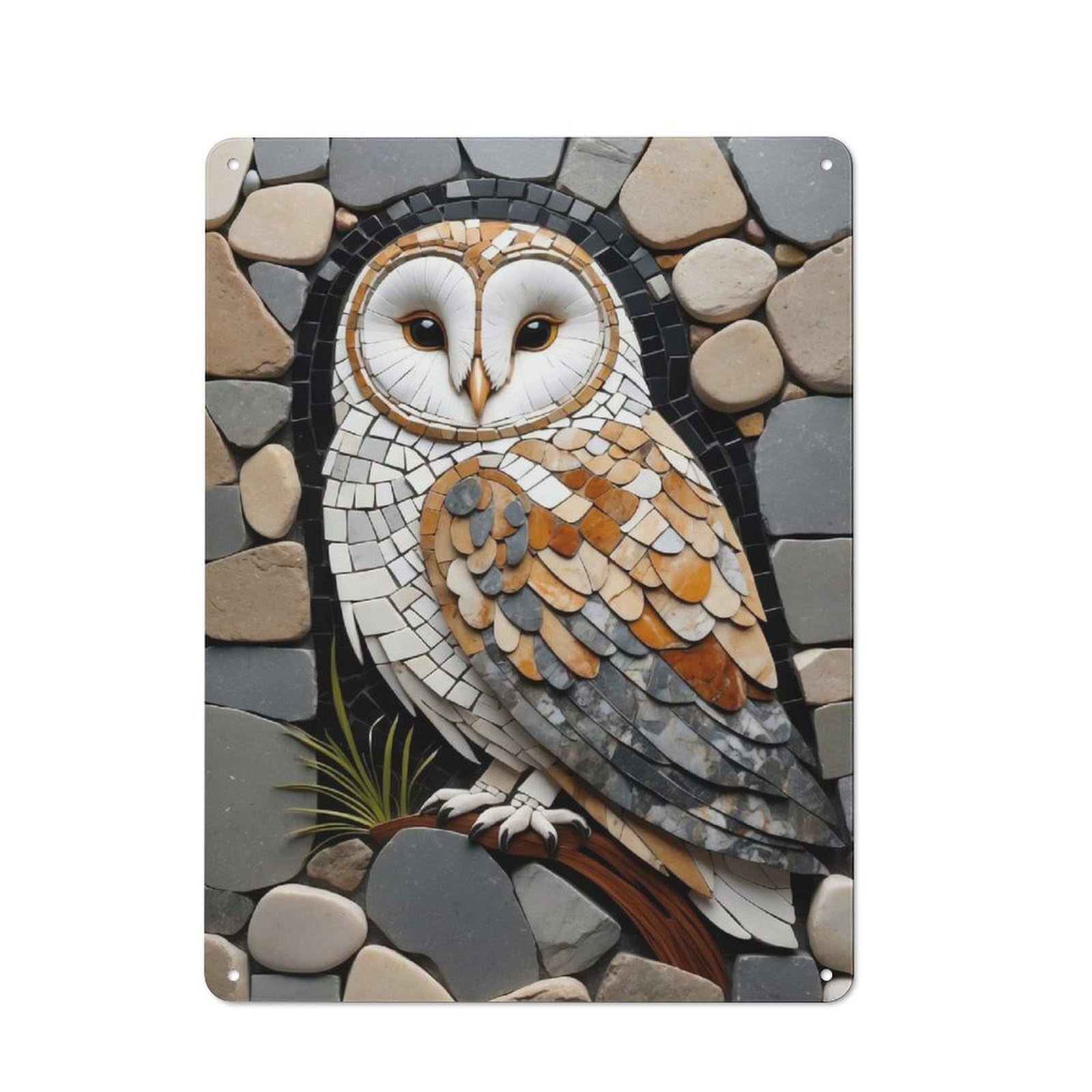 Rustic Stone Mosaic Owl Art Tin Wall Plaque 40x30cm, Rustic Kitchen Decor for Cottage, Kitchen, Hallway Or Breakfast Nook