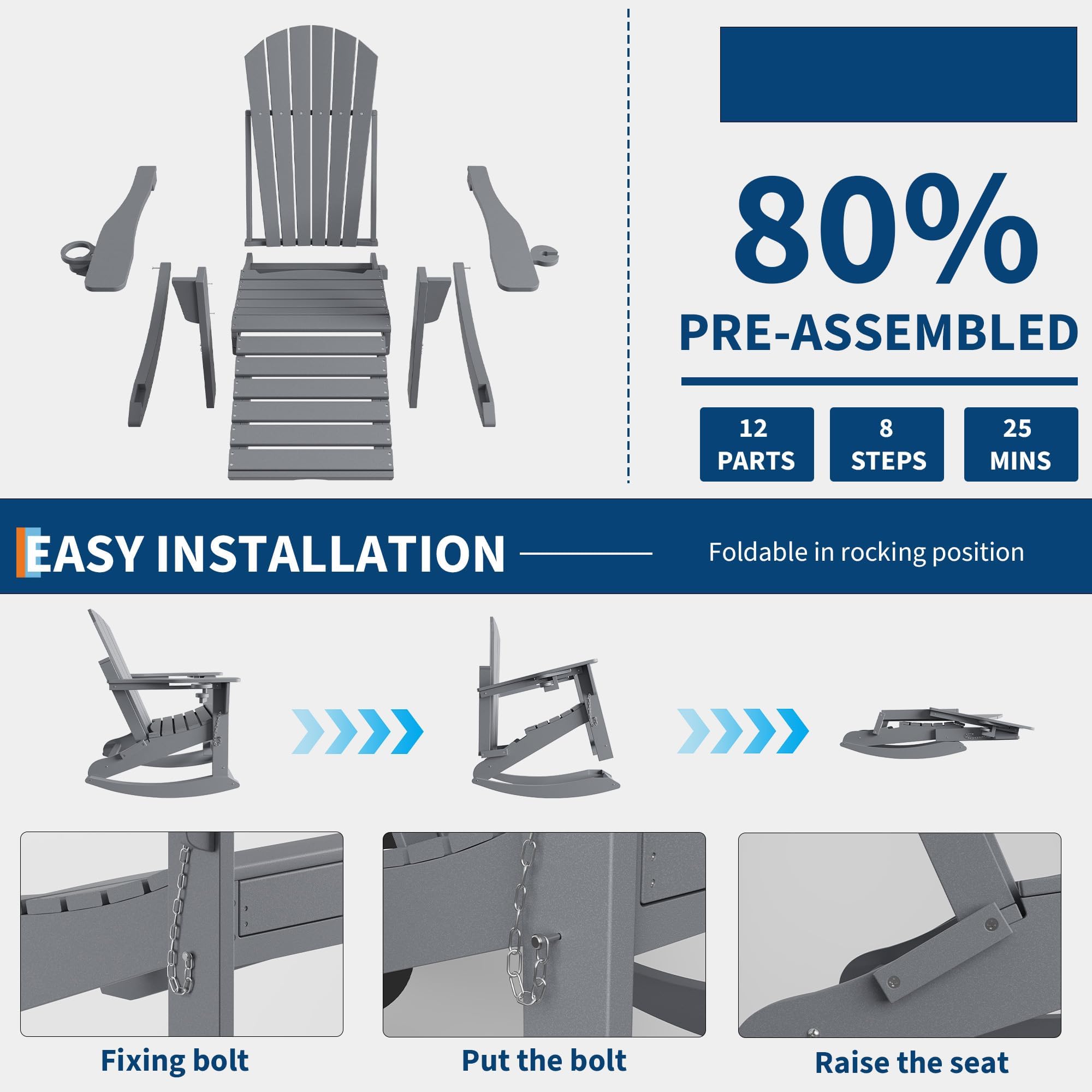 GarveeTech Silla Mecedora Adirondack Plegable para Patio y jardín - Reposapiés y 2 portavasos retráctiles - HDPE Resistente al Clima - Ideal para terraza y Porche - Color: Gris