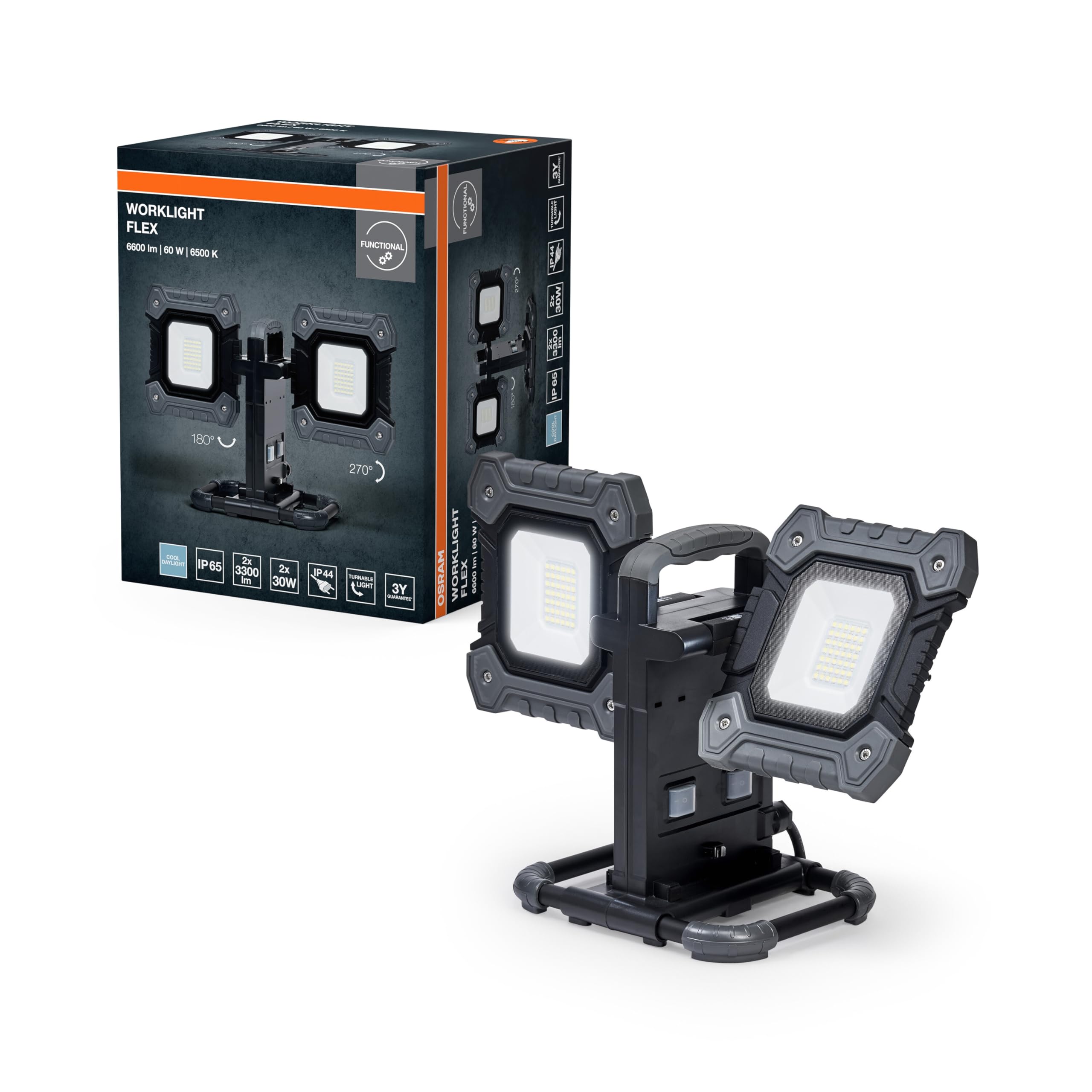 OSRAM Lampa robocza VAL FLEX LED, ciemnoszary/czarny, 2X30W, 6450lm, barwa światła zimna biała, z głowicami lamp, które można obracać o 270° w pionie i 180° w poziomie, z kablem, stopień ochrony IP54,