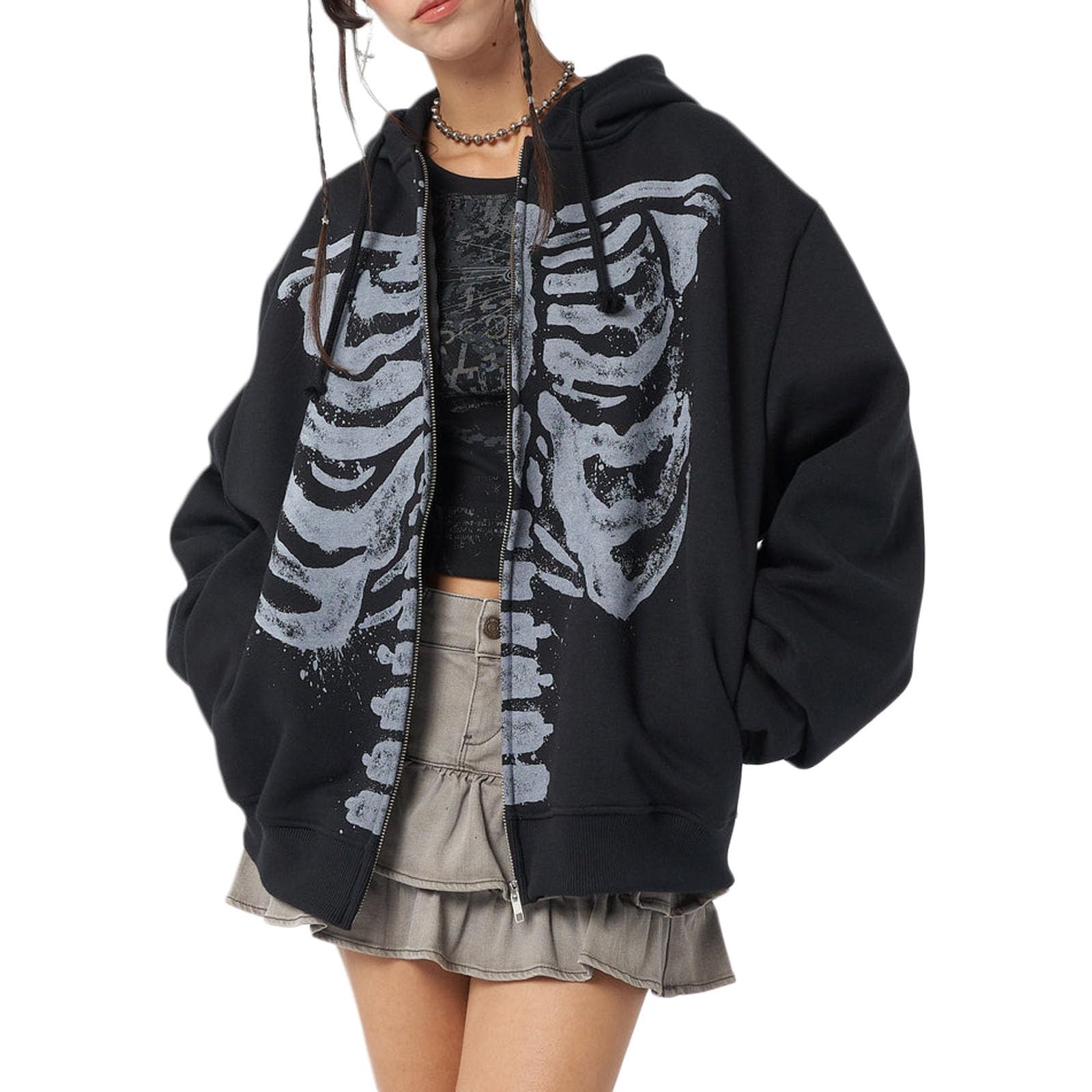 Yuemengxuan Y2K Damen-Kapuzenpullover mit Reißverschluss, langärmelig, Harajuku, Punk, Grunge-Top, übergroß, Vintage-Stil, Streetwear