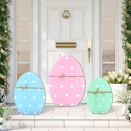 GlikCeil 3 letreros de madera de Pascua para porche, huevo de Pascua, decoración rústica de primavera para exteriores, decoración de Pascua para