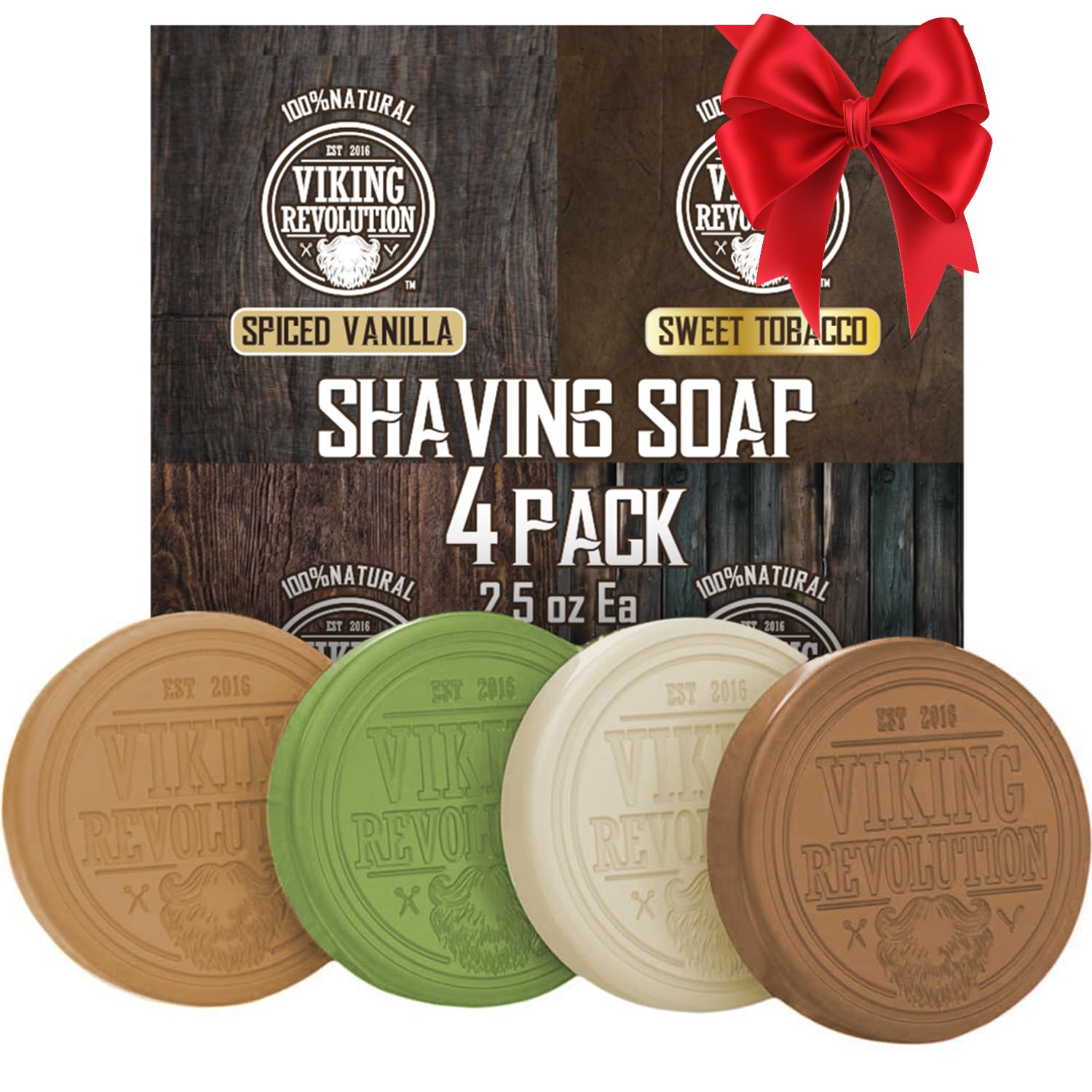 Viking Revolution Shaving Soap for Men - Shave Soap for Use with Shaving Brush and Bowl for Smoothest Wet Shave, Shaving Soap Puck - 4 Pack Variety, Each Pack 2.5oz (Vanilla, Bergamot, Tobacco, Oud)