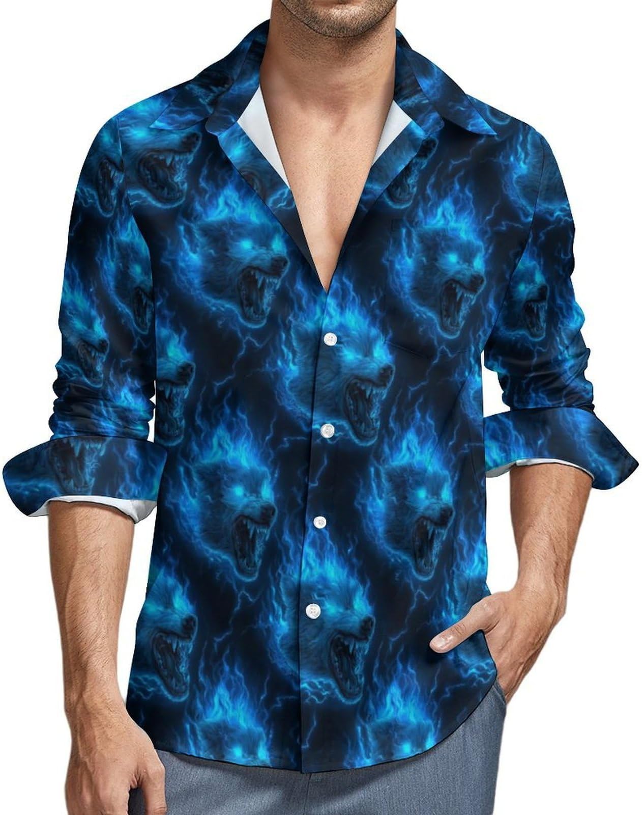 Lightning Wolf Head Blue Flame Print Long Sleeve Button Down Shirts for Men, Casual Button Up Shirts Men with Pocket