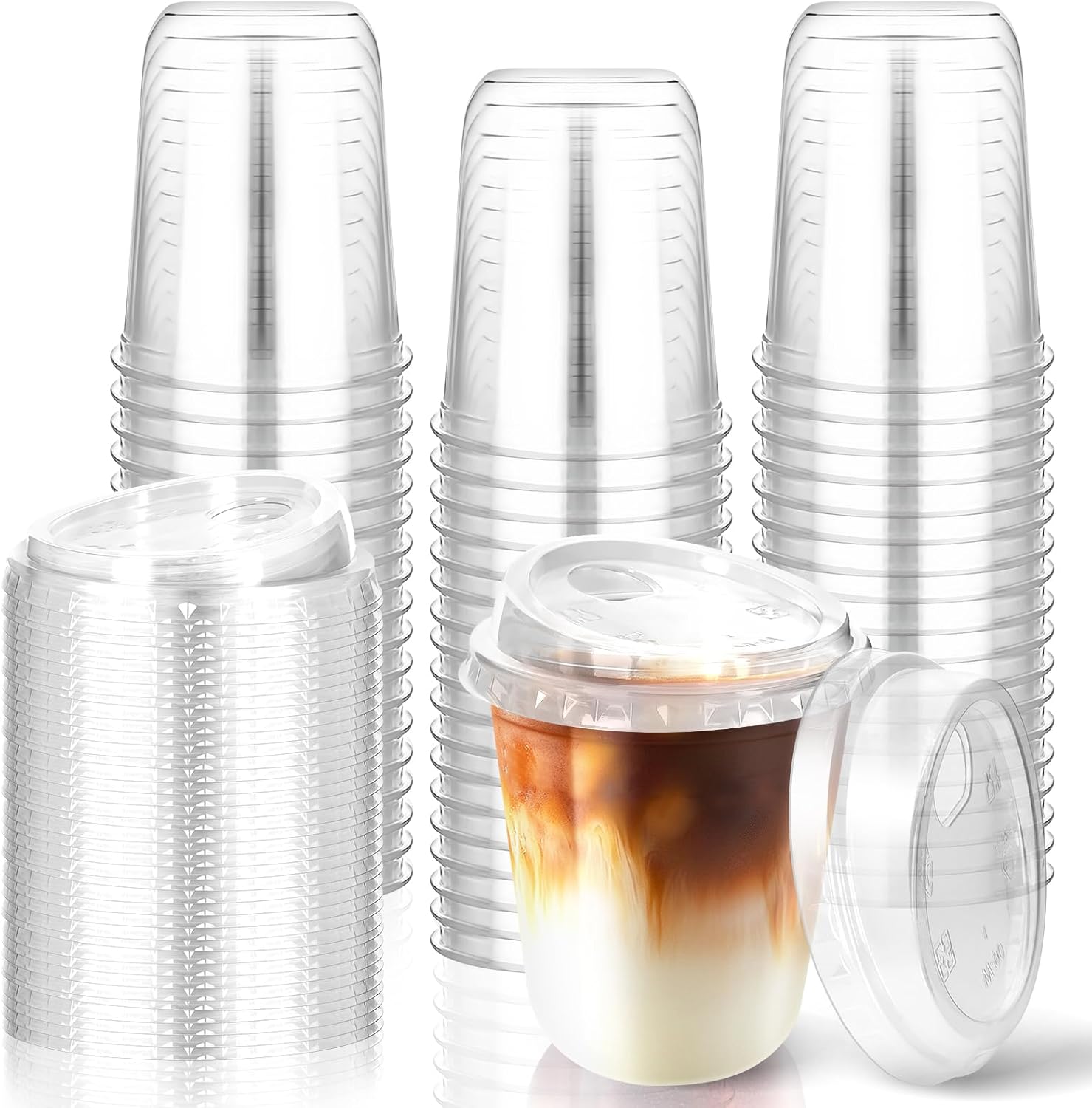 50 Pcs Plastic Coffee Cups with Sip Lids, Disposable Plastic PET Crystal Cups with Strawless Lid for Iced Coffee, Smoothie, Cold Beverage, Party Catering Supplies, Drink Shop (Clear, 14 oz)