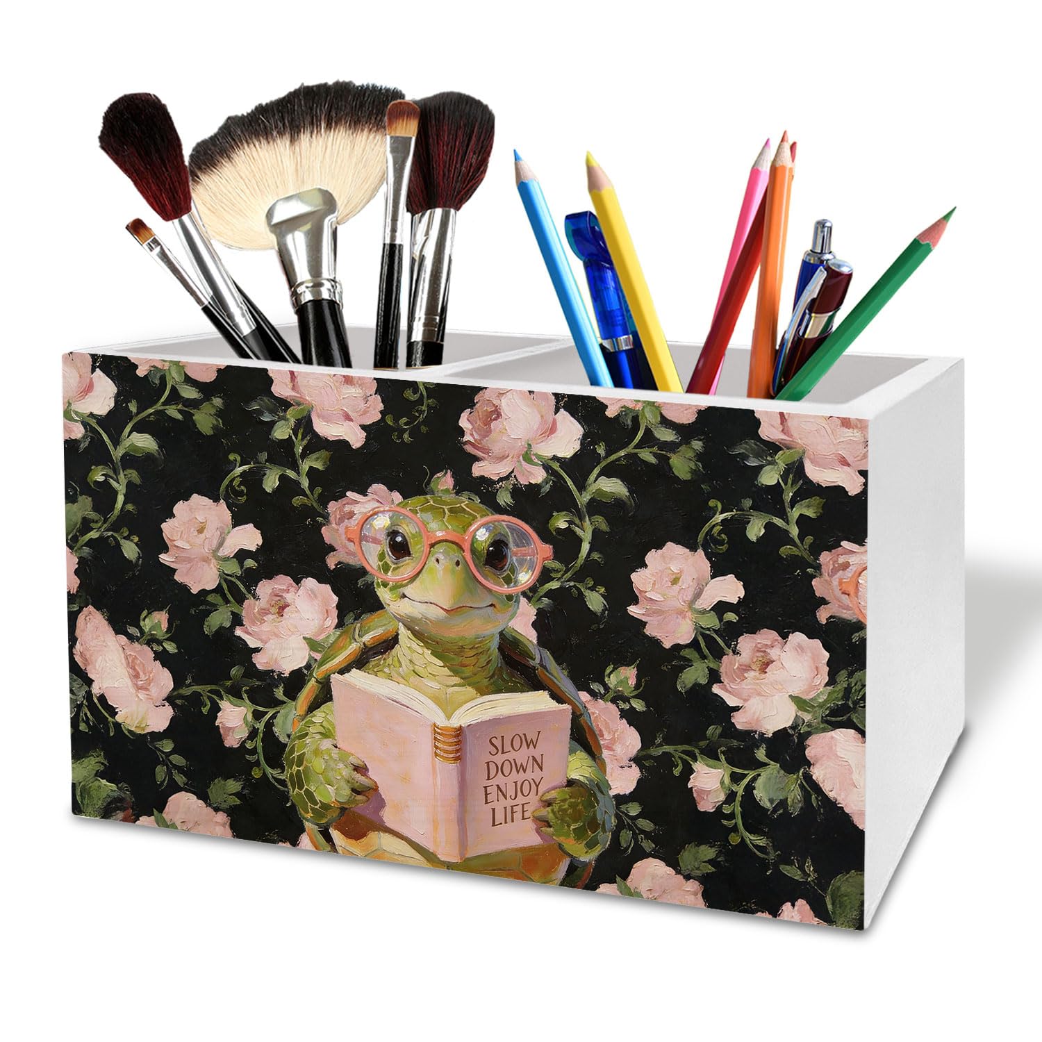 Portapenne motivazionale per scrivania, motivo: tartaruga rosa, rosa, floreale, scatola in legno, decorazione da scrivania, per angolo lettura, decorazione per la stanza, regalo per amanti