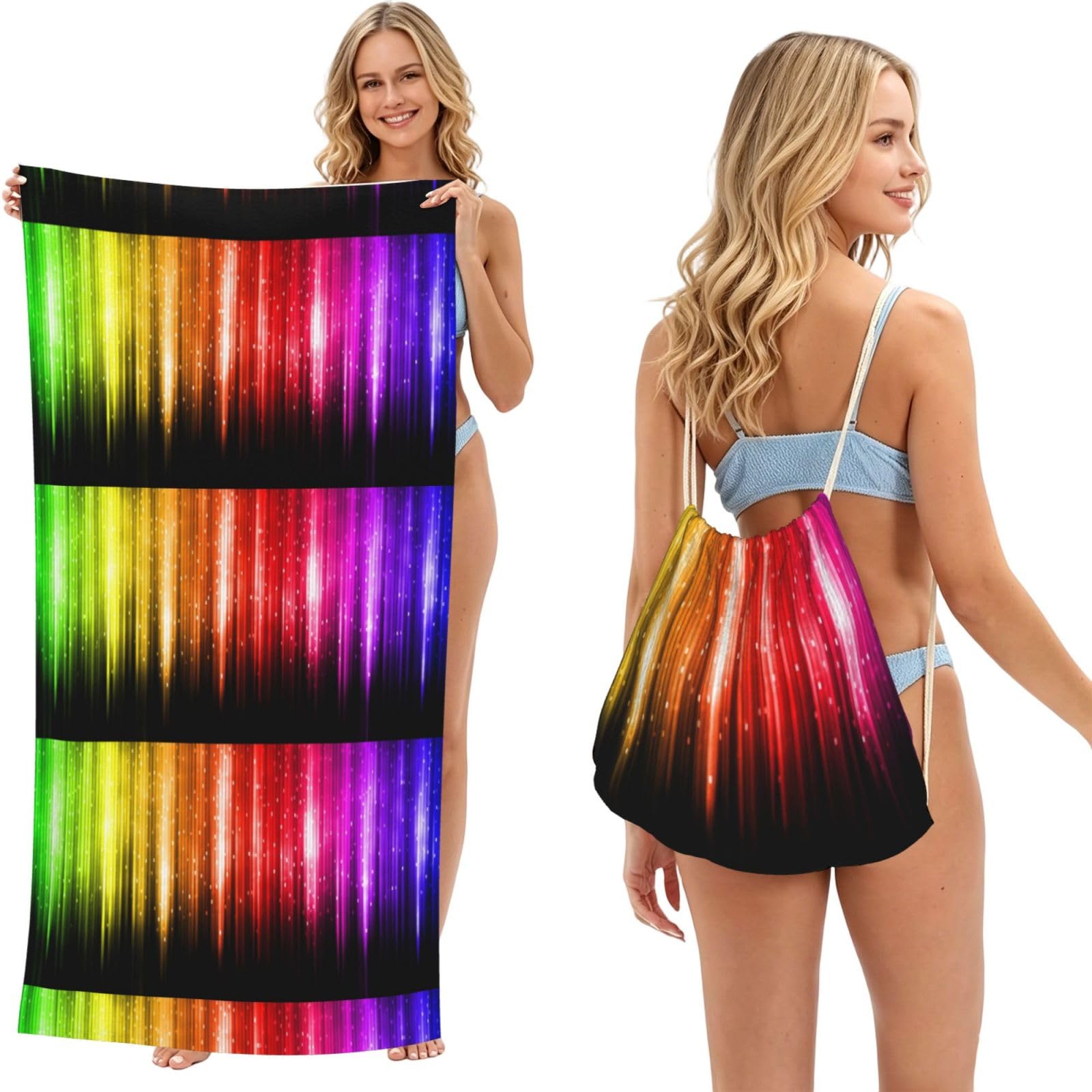 Poadnly As Picture Rainbow Glitter, 2 In 1 Packable Towel Bag, Beach Towels With Drawstring Backpack For Travel Holiday Camping