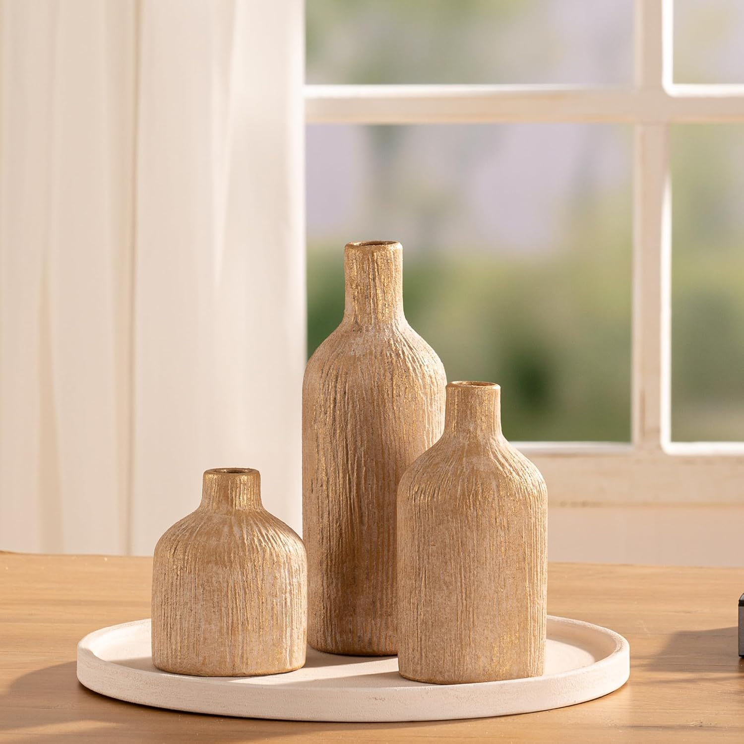 Ceramic Vase Home Table Decor - Gold Flower Vase Set of 3 Living Room Kitchen Decorations Farmhouse Modern Rustic Vases Decorative Centerpiece for Shelf Bedroom Office Bathroom Dining Coffee Desk - Image 8