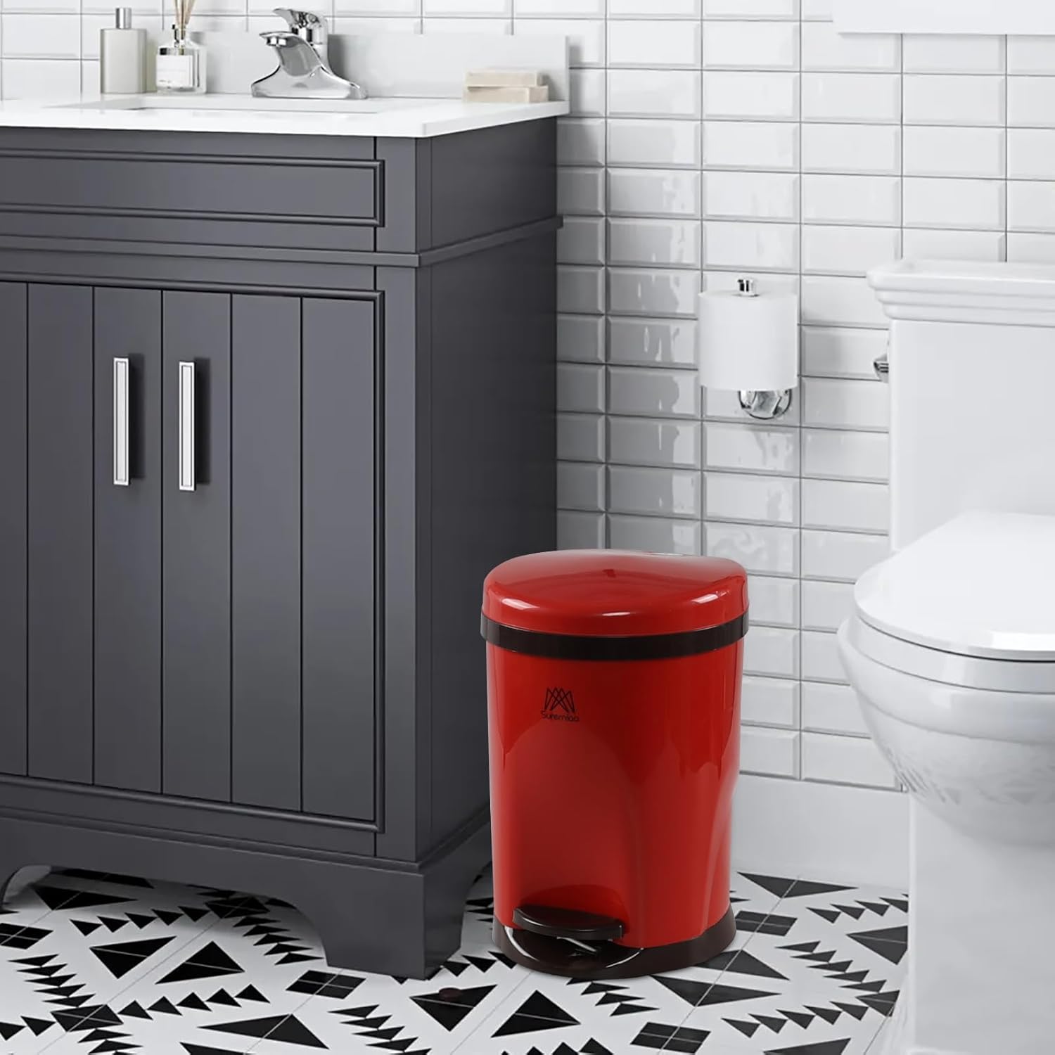 2 Gallon Plastic Red Garbage Can with Lid, Round Foot Pedal Garbage Bin