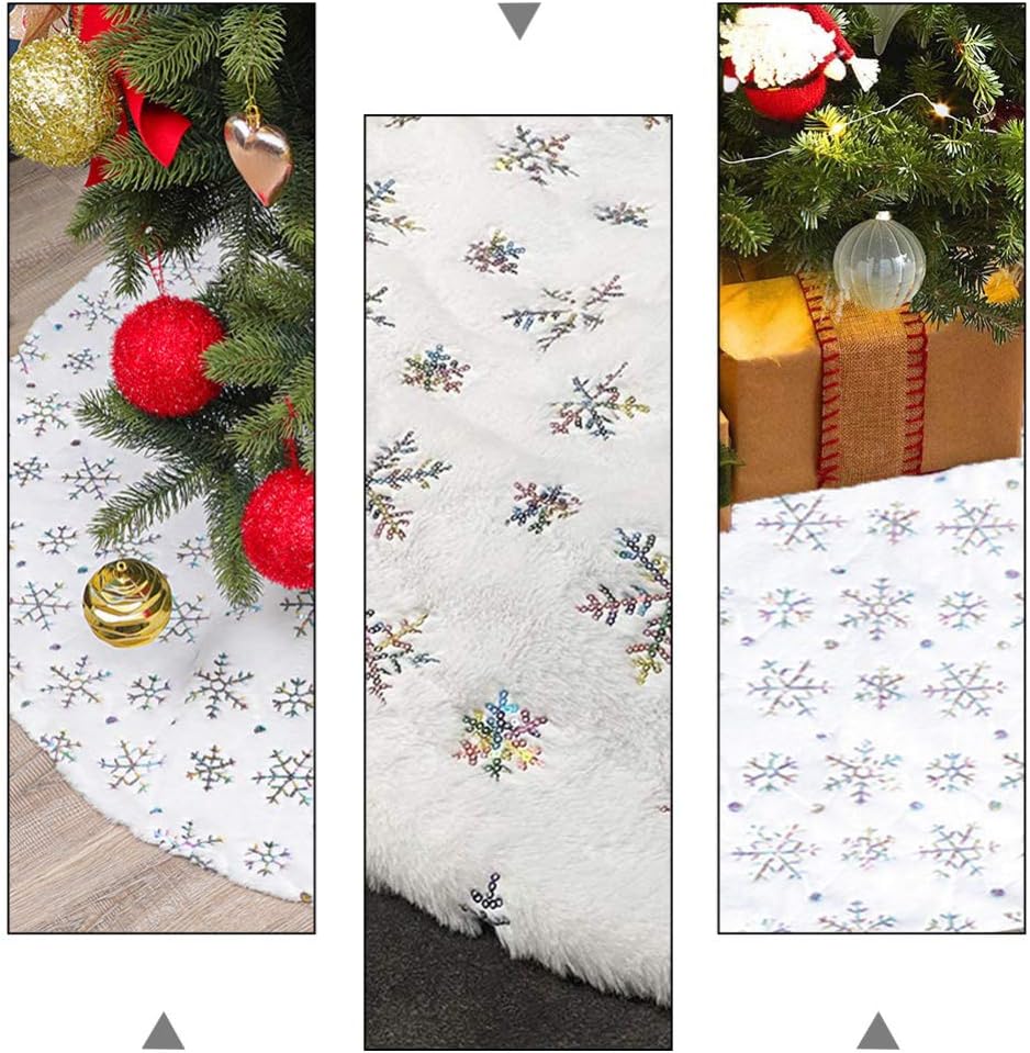 Christmas Tree Skirt Xmas Tree Base Cover Artificial Rabbit Fur Sequin Snowflakes Tree Skirt Plush Tree Mat for Xmas Holiday Party Decorations (S)