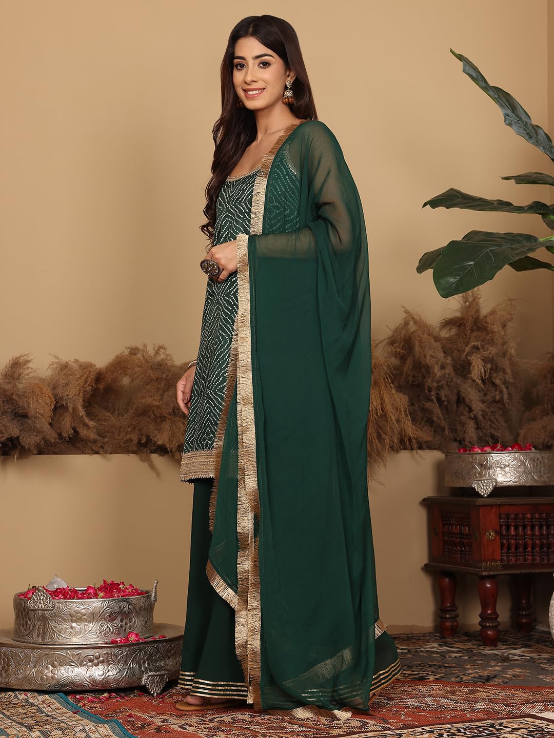 Varanga Women's Green Bandhini Printed Kurta Paired With Sharara And Dupatta