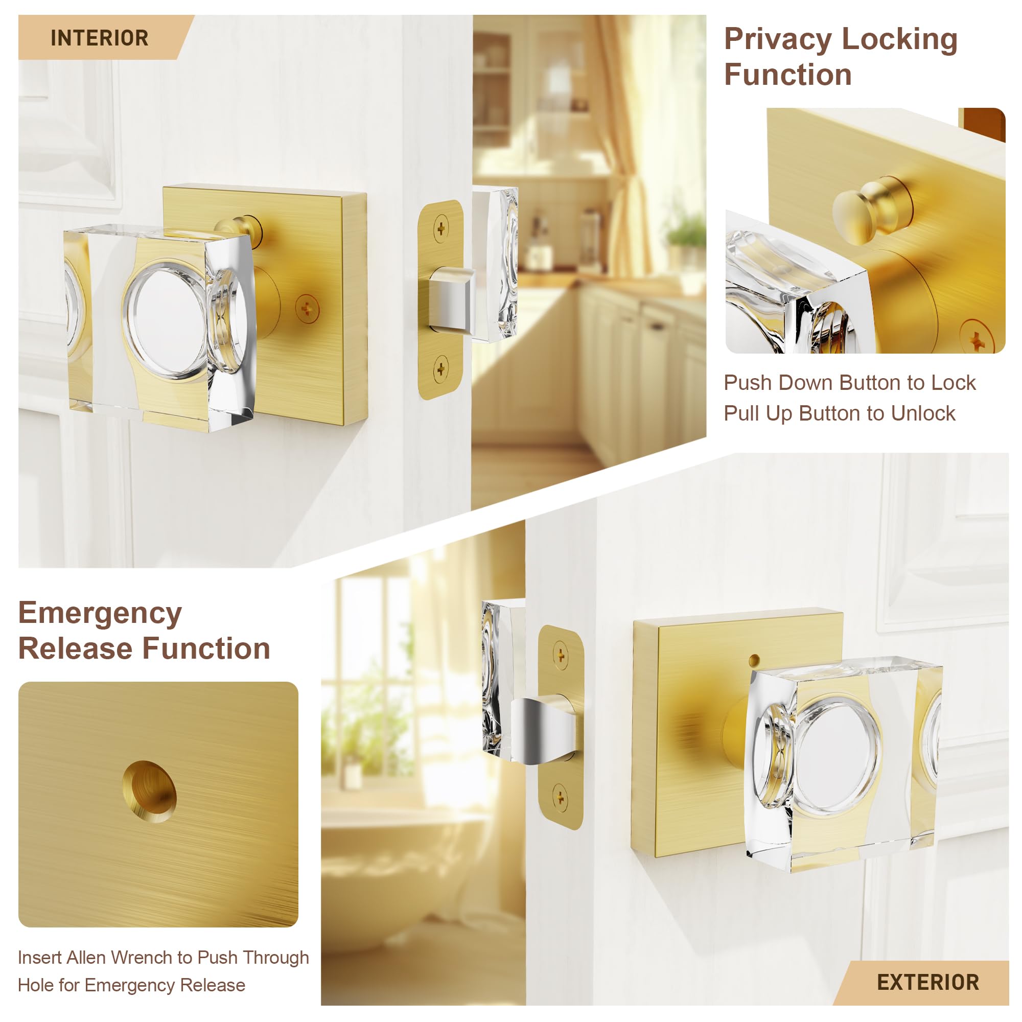 Brushed Gold Door Knobs - Crystal & Modern Design -3