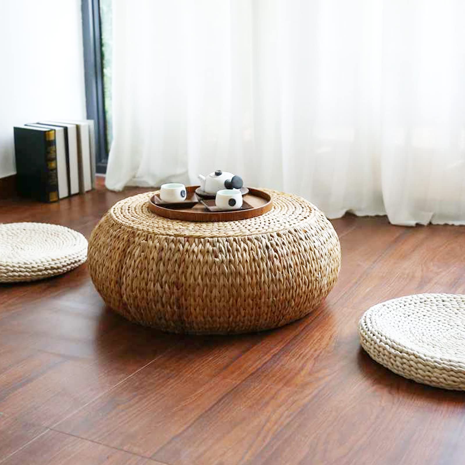 Table basse en bois massif et rotin 50x50x35 cm pour salon et balcon