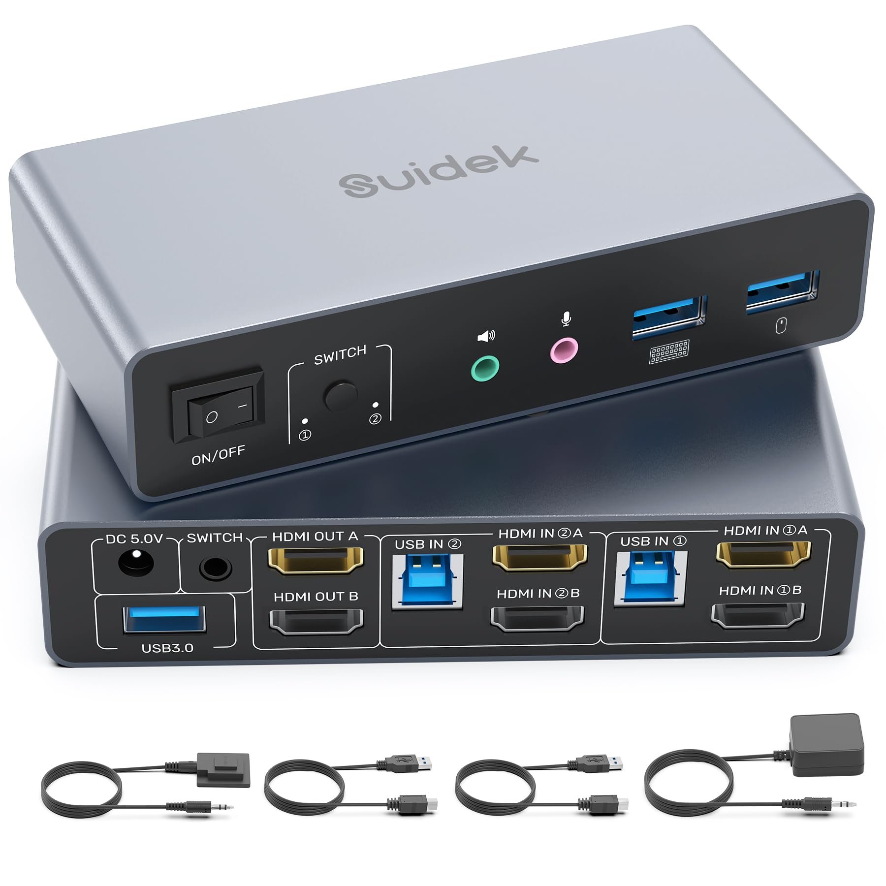 SUIDEK Switch KVM HDMI 2 Monitor 2 Computer, Dual Monitor USB KVM Switches 4K@60Hz, HDMI Extended/Mirror Display per 2 PC Share 2 Monitor, con 3 porte USB 3.0, controller desktop e 2 cavi USB