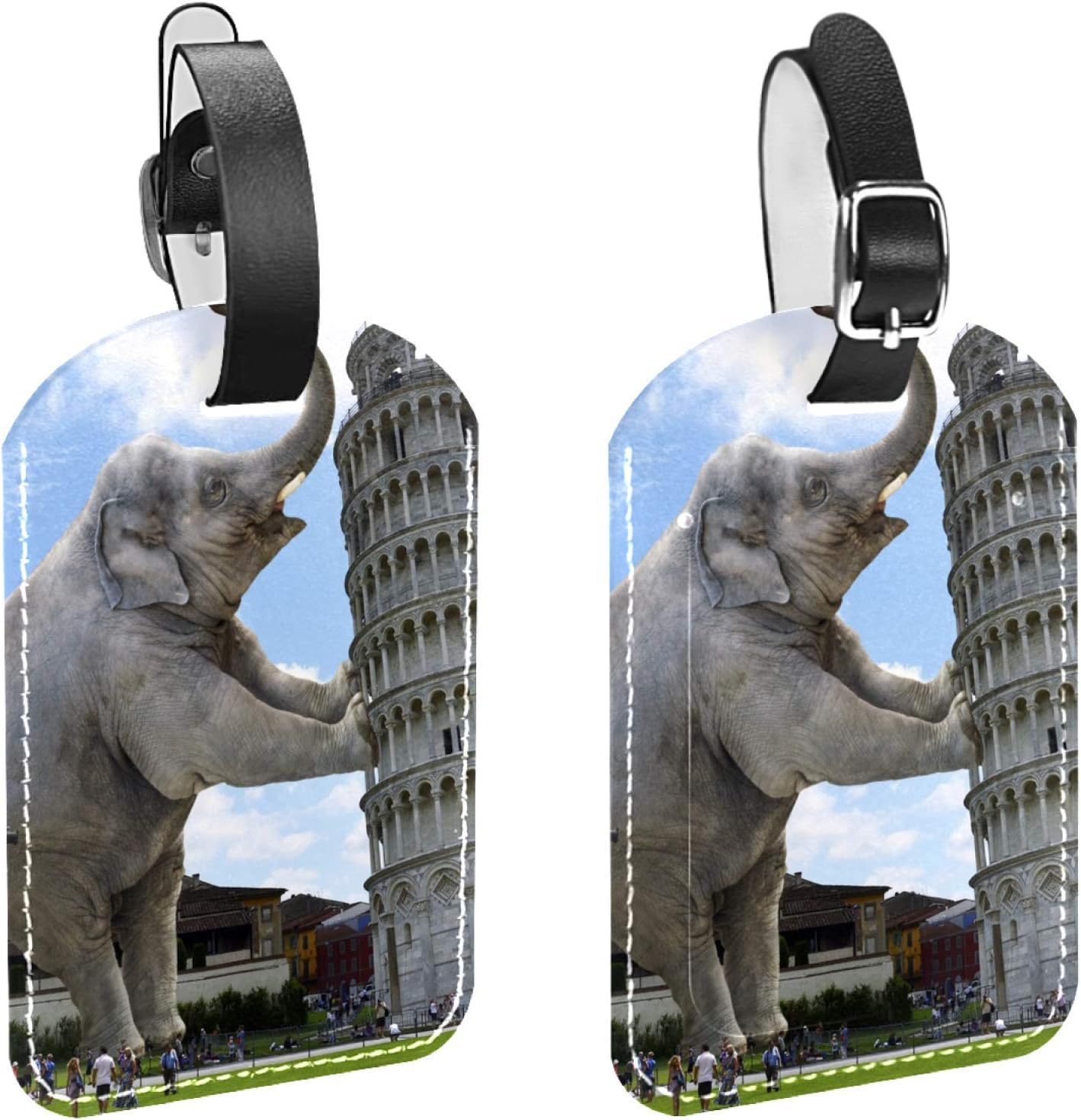amazon com leather manipulation elephant pisa print luggage tags with full back privacy name id card cover set of 2 luggage tags