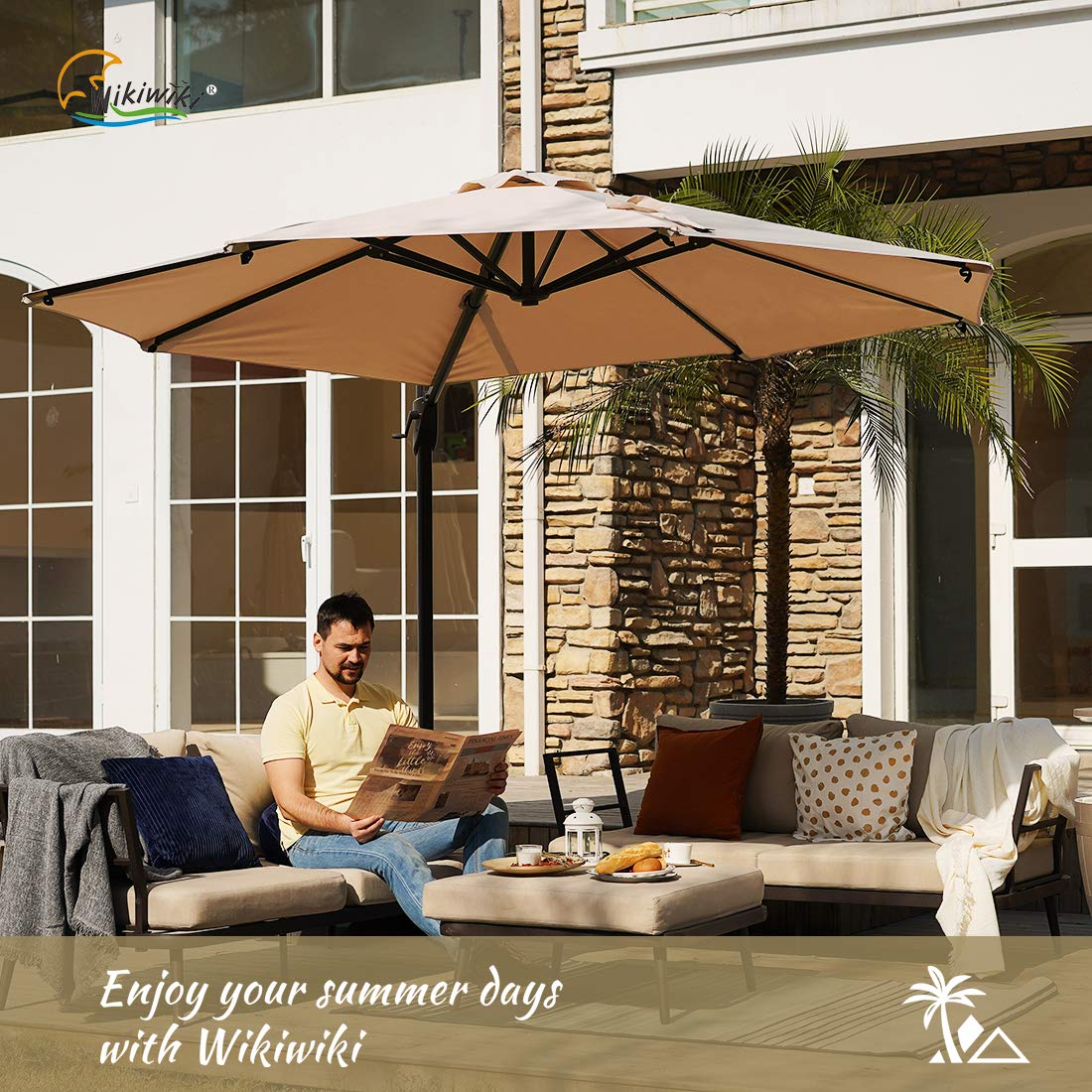 wikiwiki M Series Aluminum 10 FT Patio Cantilever Umbrella Outdoor Offset Umbrella Market Hanging Umbrellas with 360° Rotation, Integrated Infinite Tilting System & Cross Base (Beige)