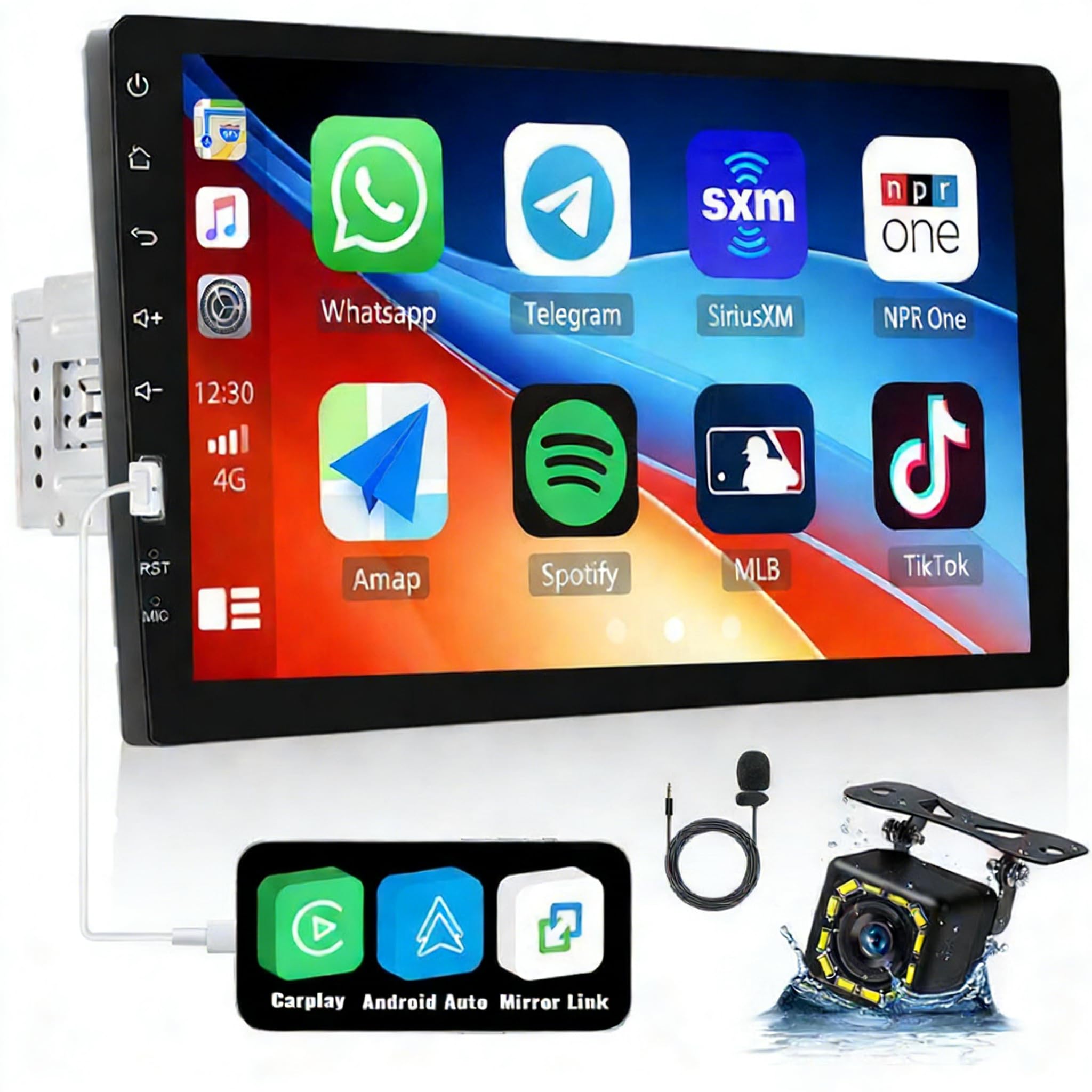 9 Pulgadas Autoradio 1 DIN con Carplay Android Auto Mirror Link, Pantalla Táctil Bluetooth Radio Coche Soporta FM Am SWC Cámara de Seguridad Mic USB TF/USB/AUX Input