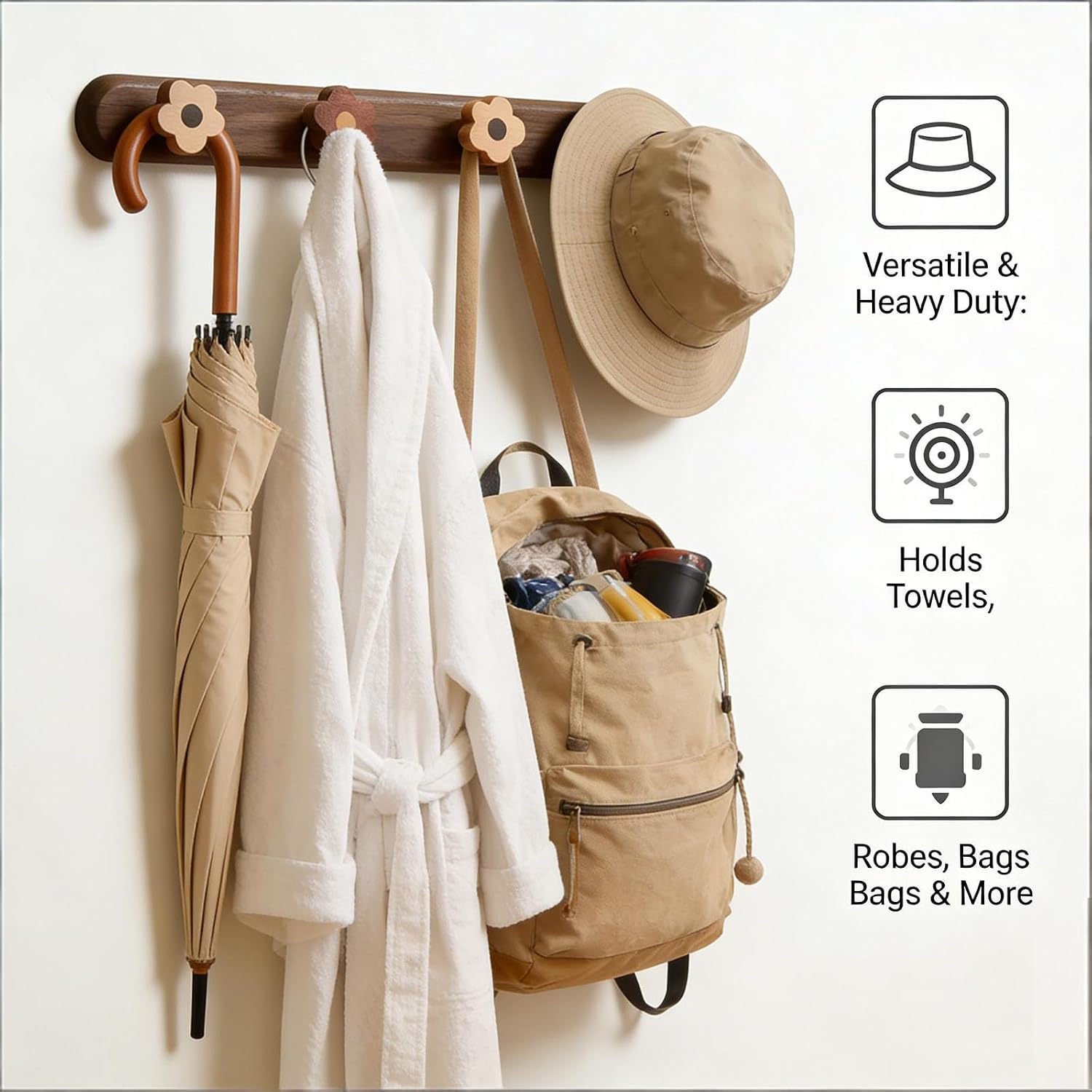 Kids Coat Rack Wall Mount, Walnut Wood Wall Hooks with 4 Flowers, Includes Mounting Screws, 14.96 Inch Heavy Duty Hanger for Clothes, Backpack, Towels, Nursery, Bedroom Decor (Walnut wood color)