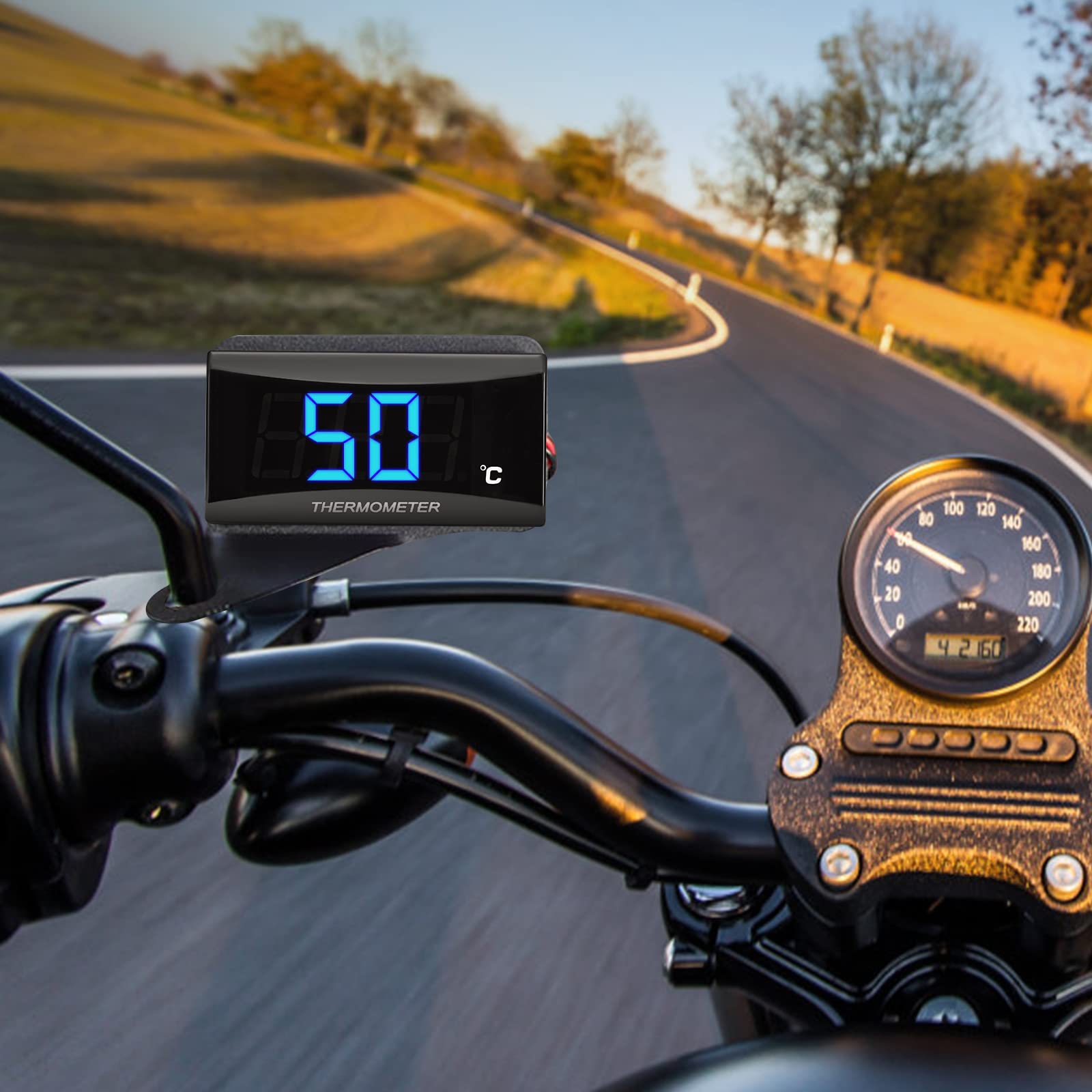 Thermomètre Numérique Universel pour Moto avec 18/22mm Adapter, affichage numérique capteur de température, LED Adaptateur Capteur de Température de Sonde en Métal Étanche pour KOSO (22MM-BLUE)