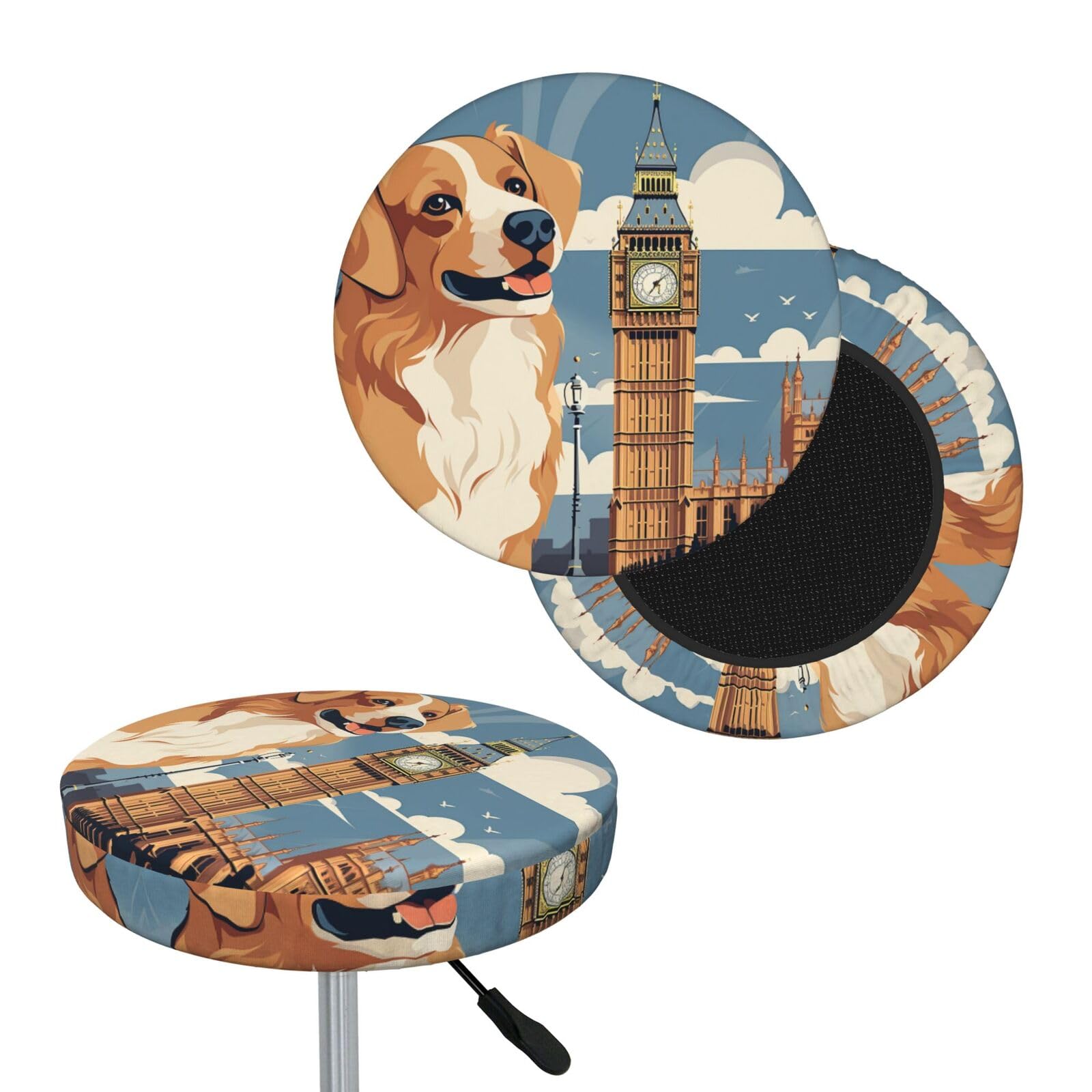 NONHAI Cute Dog Sitting Bar Stool Cover Round Elastic Stool Cushion Covers Dustproof Bar Chair Cover Washable Stool Cushion Slipcover Stretch Stool Seat Covers for 12-14 Inch Chair